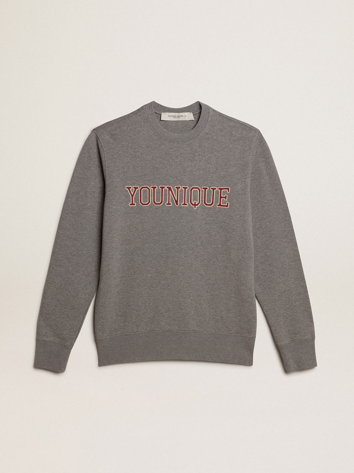 Gray melange cotton sweatshirt with embroidered lettering | Golden