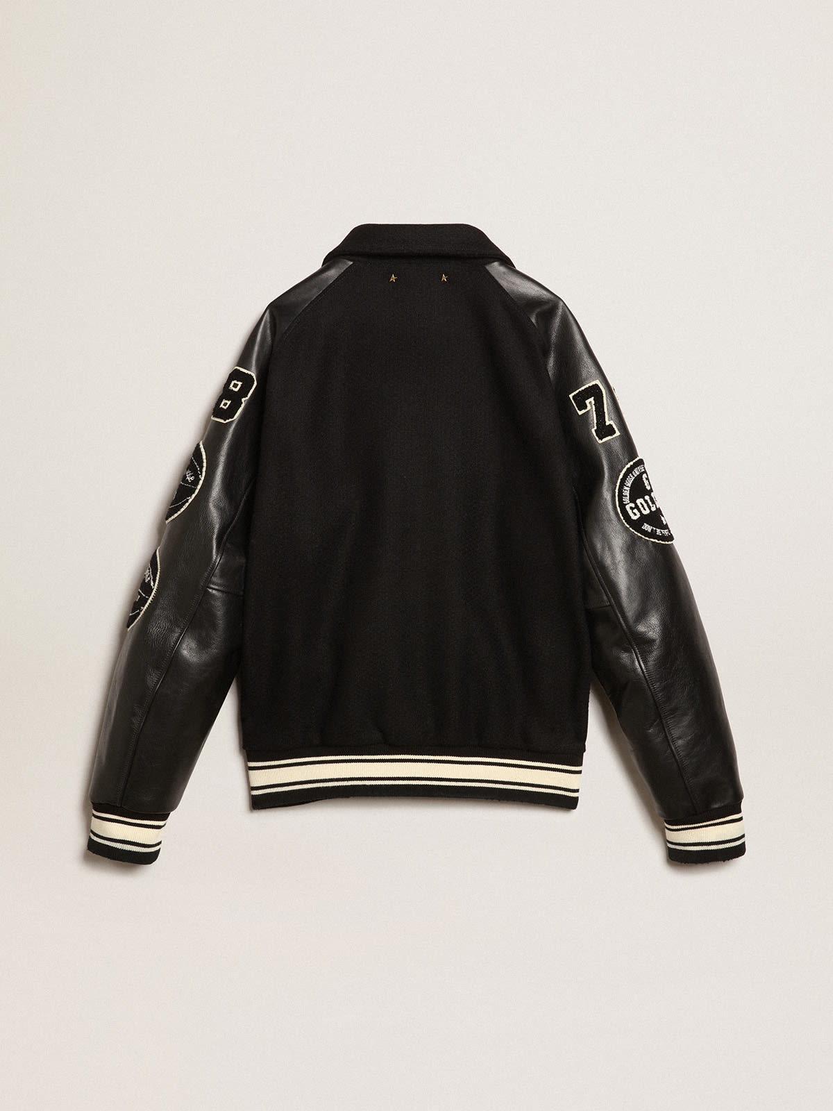 Embroidery Patched Lambskin Leather Bomber Varsity Jacket