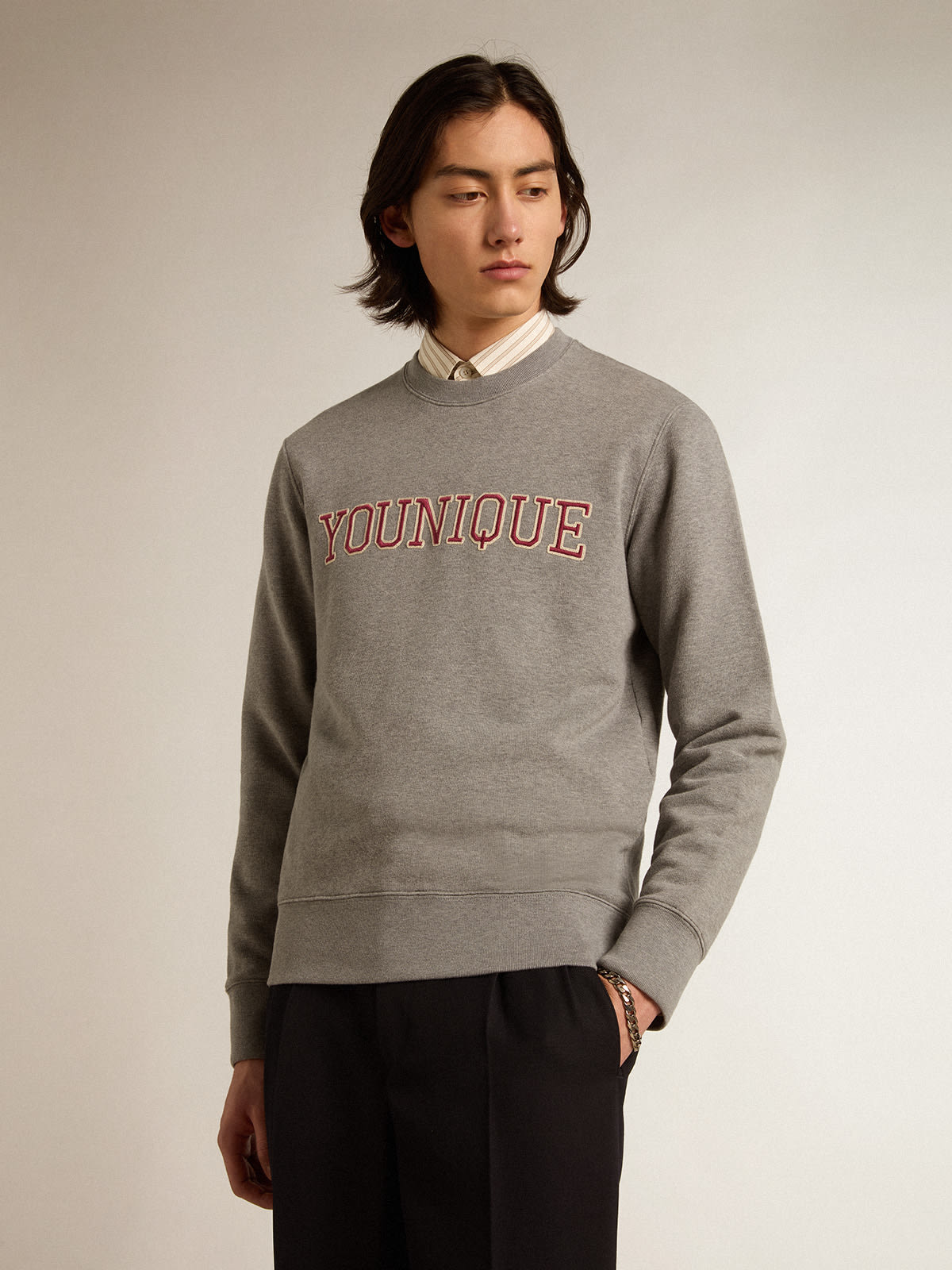 Golden Goose - Gray melange cotton sweatshirt with embroidered lettering in 