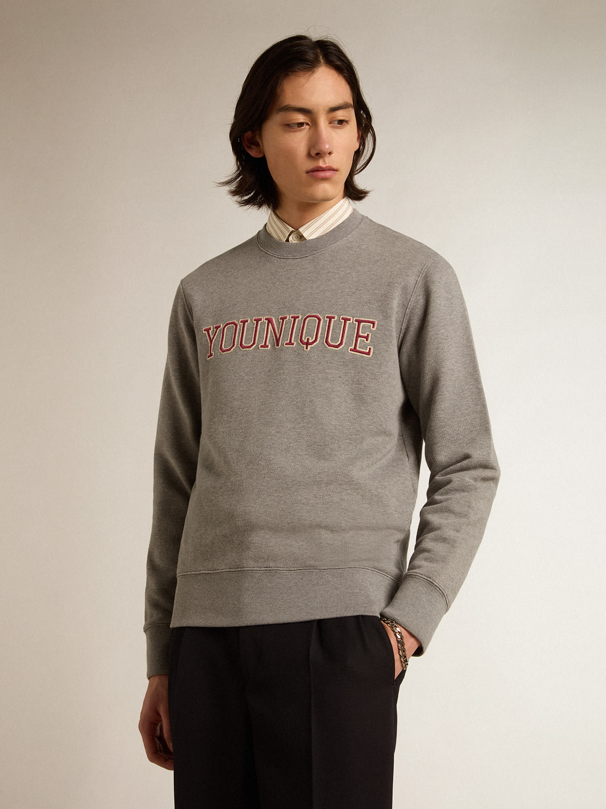 Gray melange cotton sweatshirt with embroidered lettering