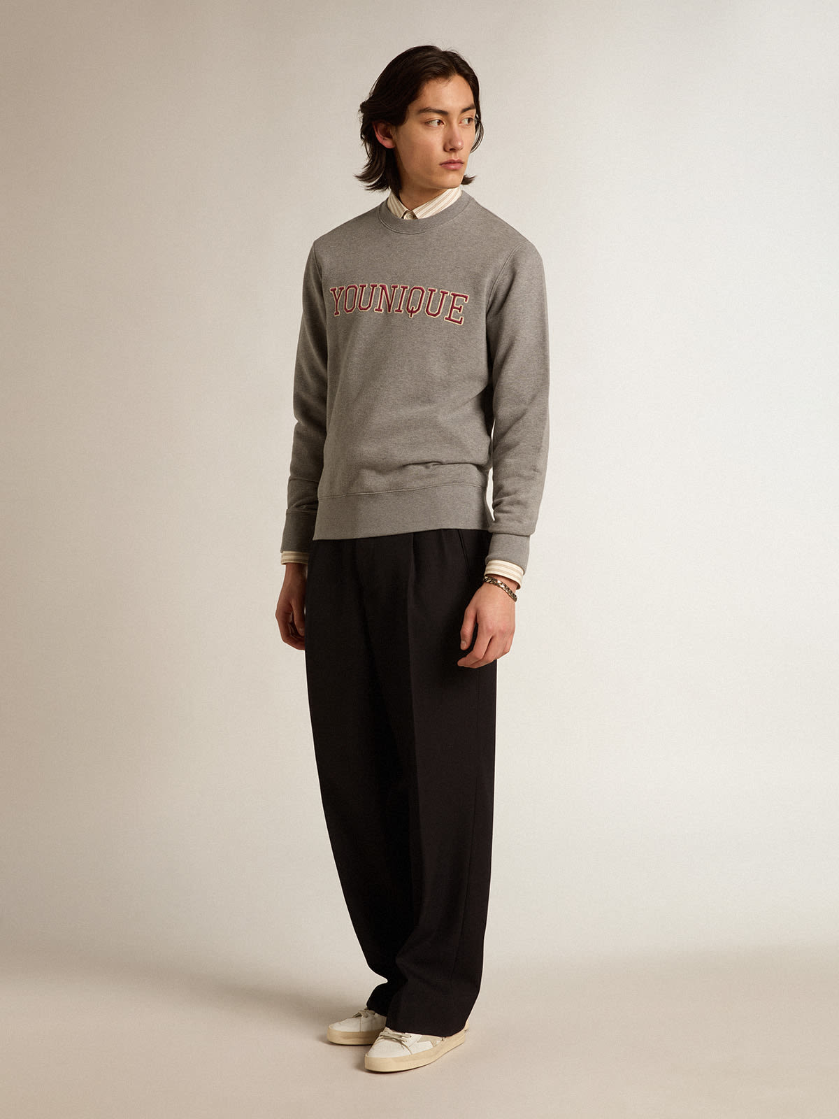 Golden Goose - Gray melange cotton sweatshirt with embroidered lettering in 