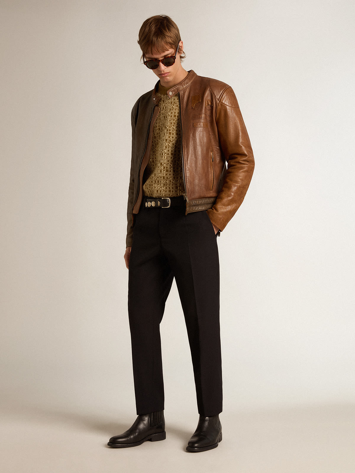 Biker-inspired brown nappa leather jacket