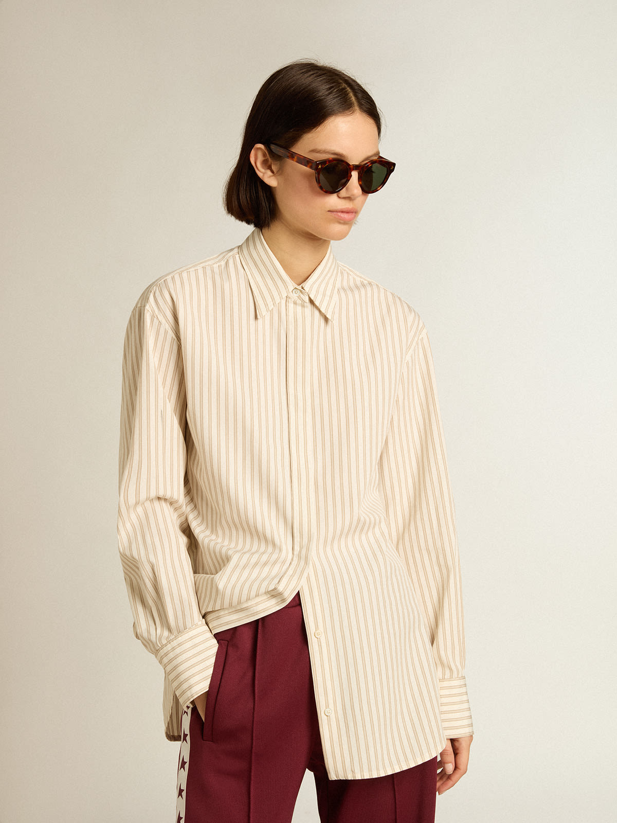 Golden Goose - Women’s white cotton shirt with beige stripes in 