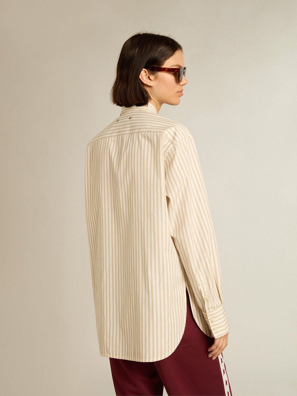 Golden Goose - Women’s white cotton shirt with beige stripes in 