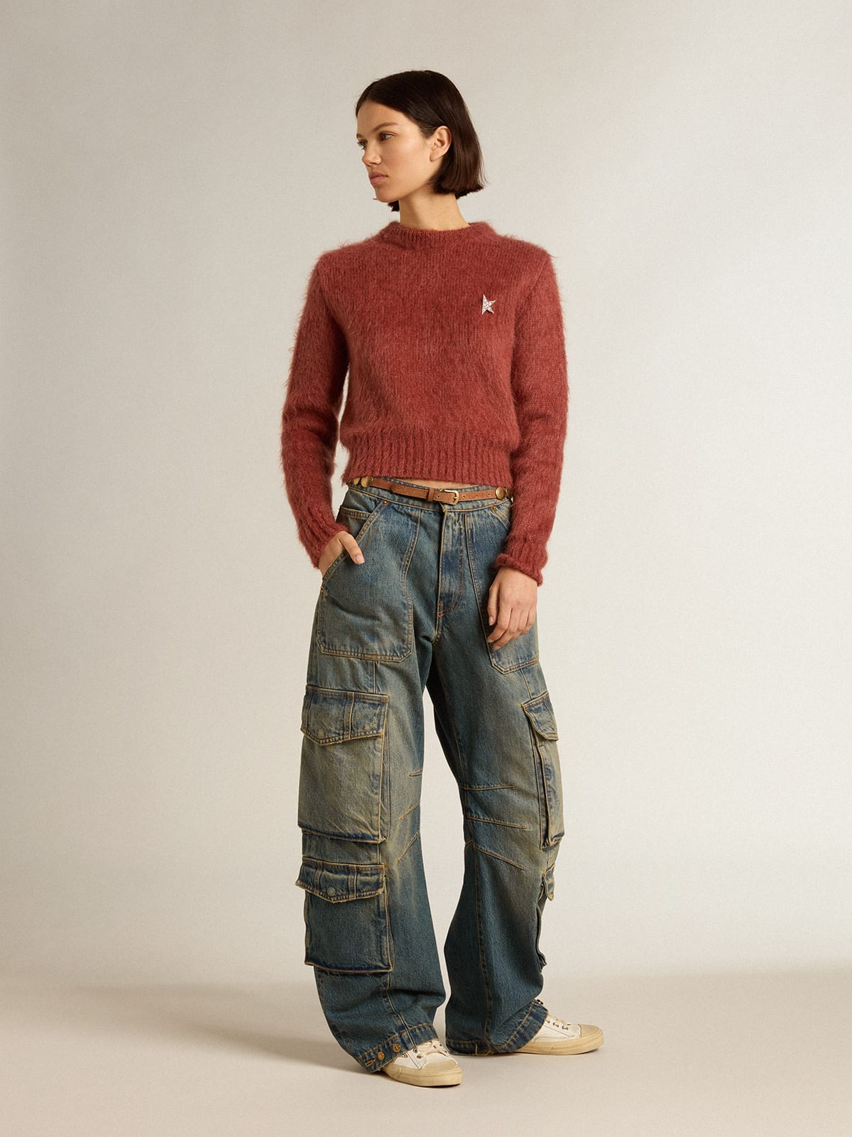 Golden Goose - Maglione cropped in mohair color lilla scuro in 
