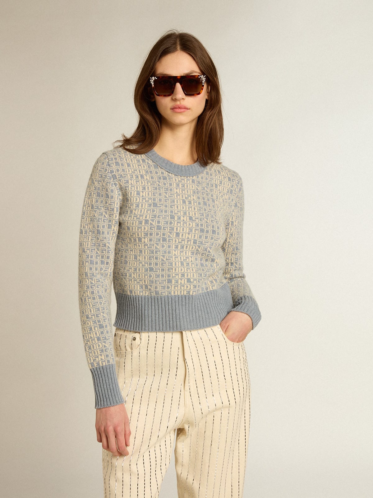 Golden Goose - Cropped round-neck sweater with light blue jacquard lettering motif in 