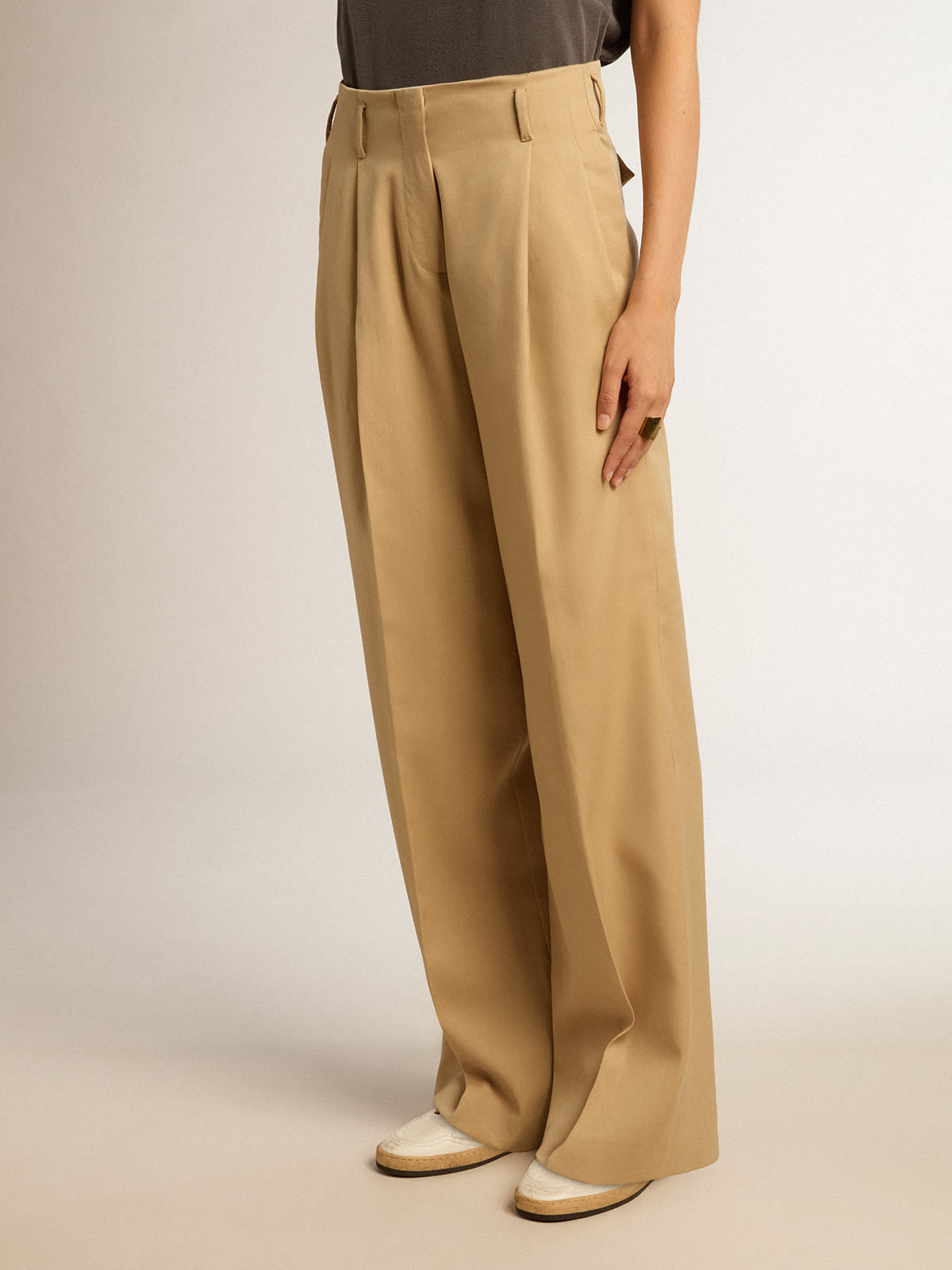 Golden Goose - Pantalone da donna in gabardine di lana color sabbia in 