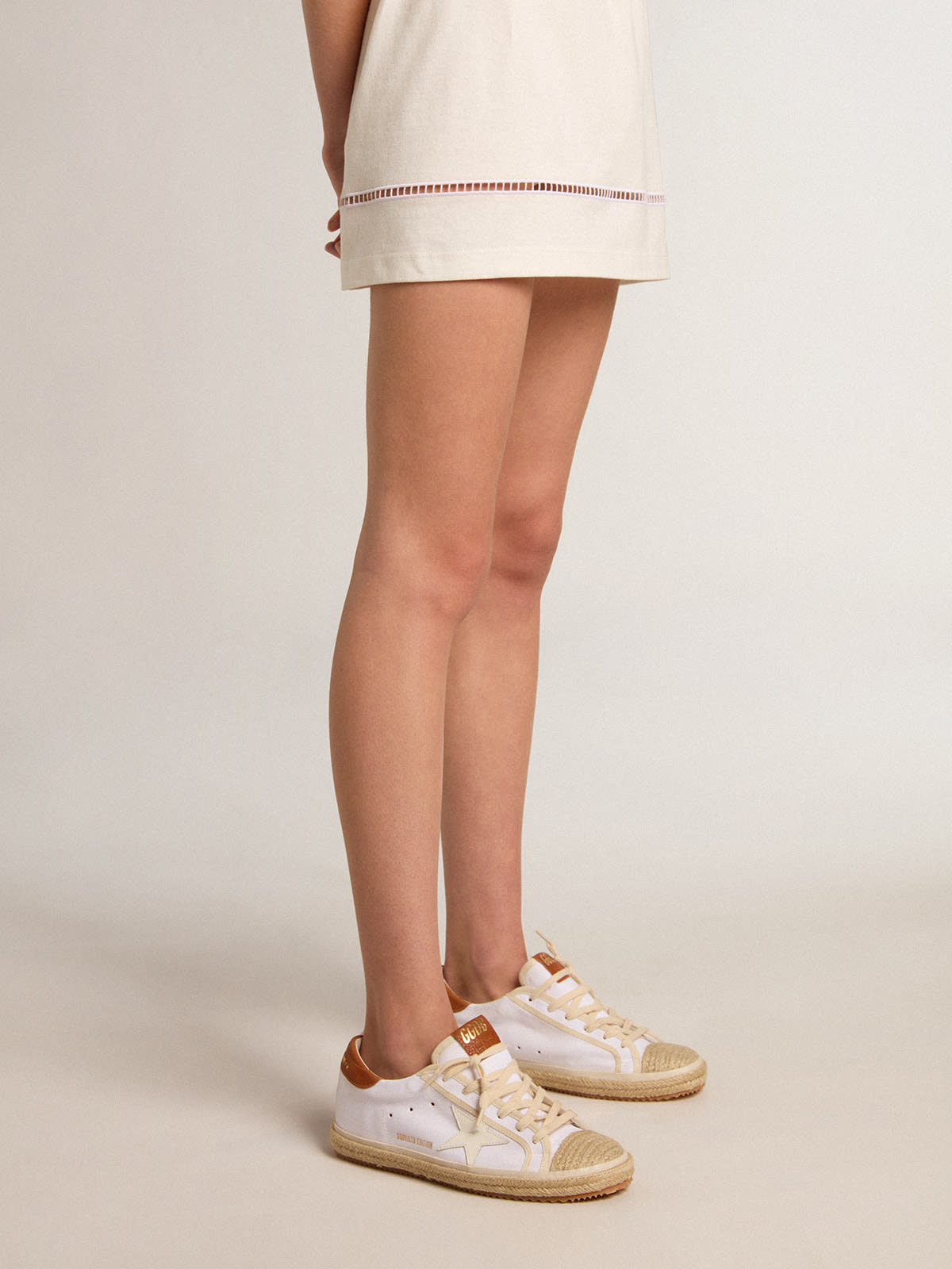 Golden Goose - Women’s Super-Star LTD in canvas with white leather star and raffia toe in 