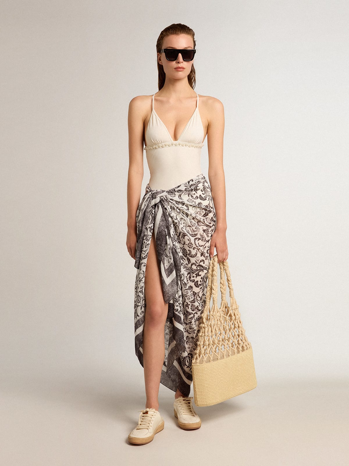 Golden Goose - Sarong in cotton voile with all-over black and white print in 