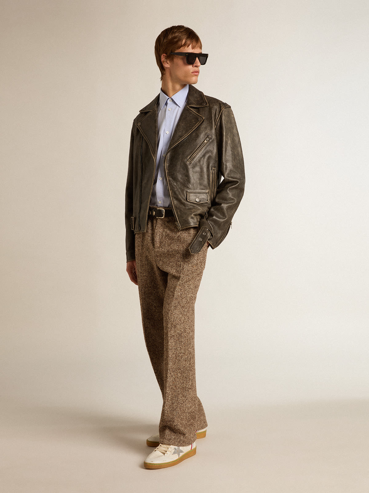 Men’s pants in beige and brown wool and silk blend fabric