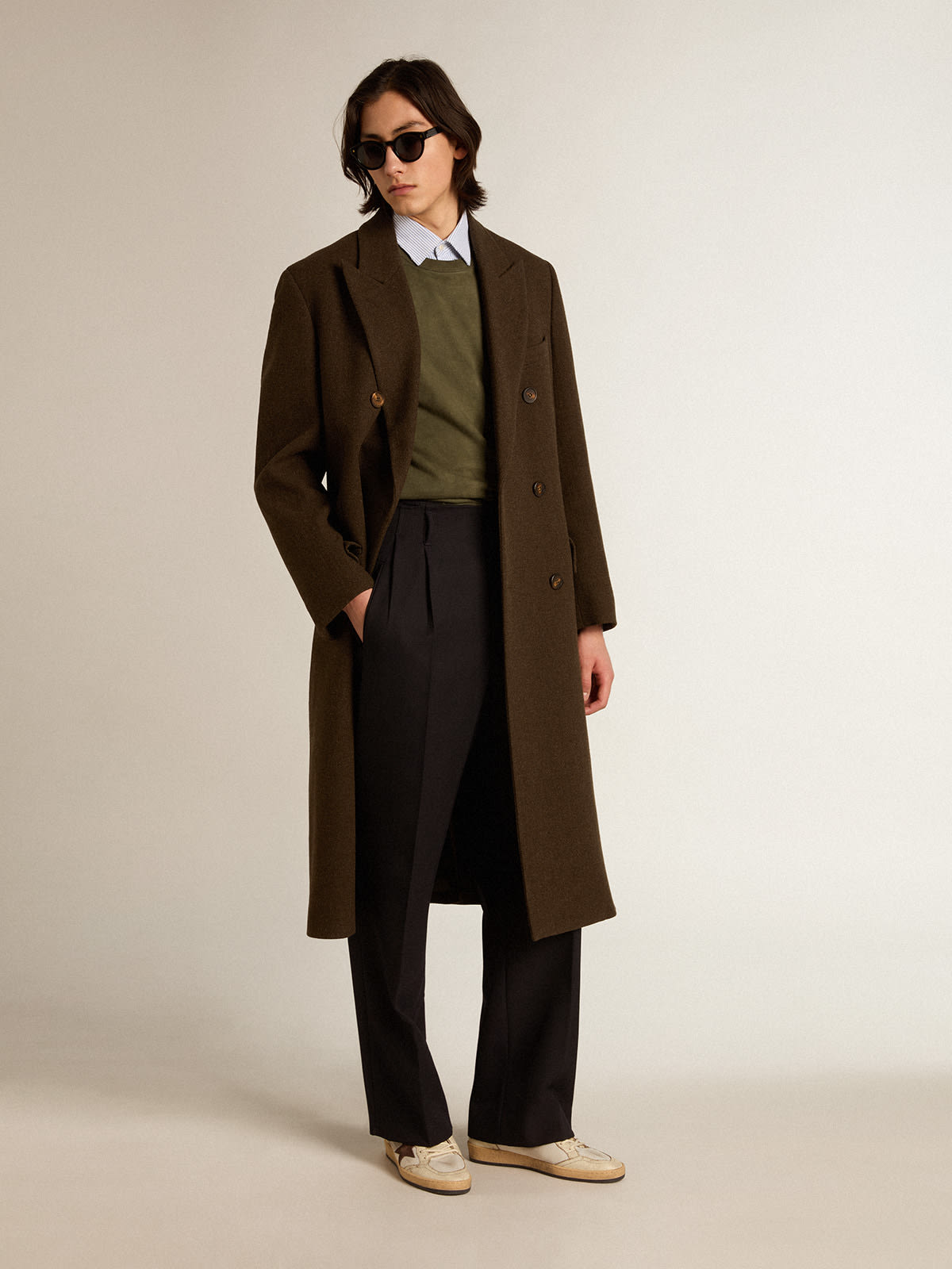 Golden Goose - Men’s double-breasted coat in bark-colored wool in 