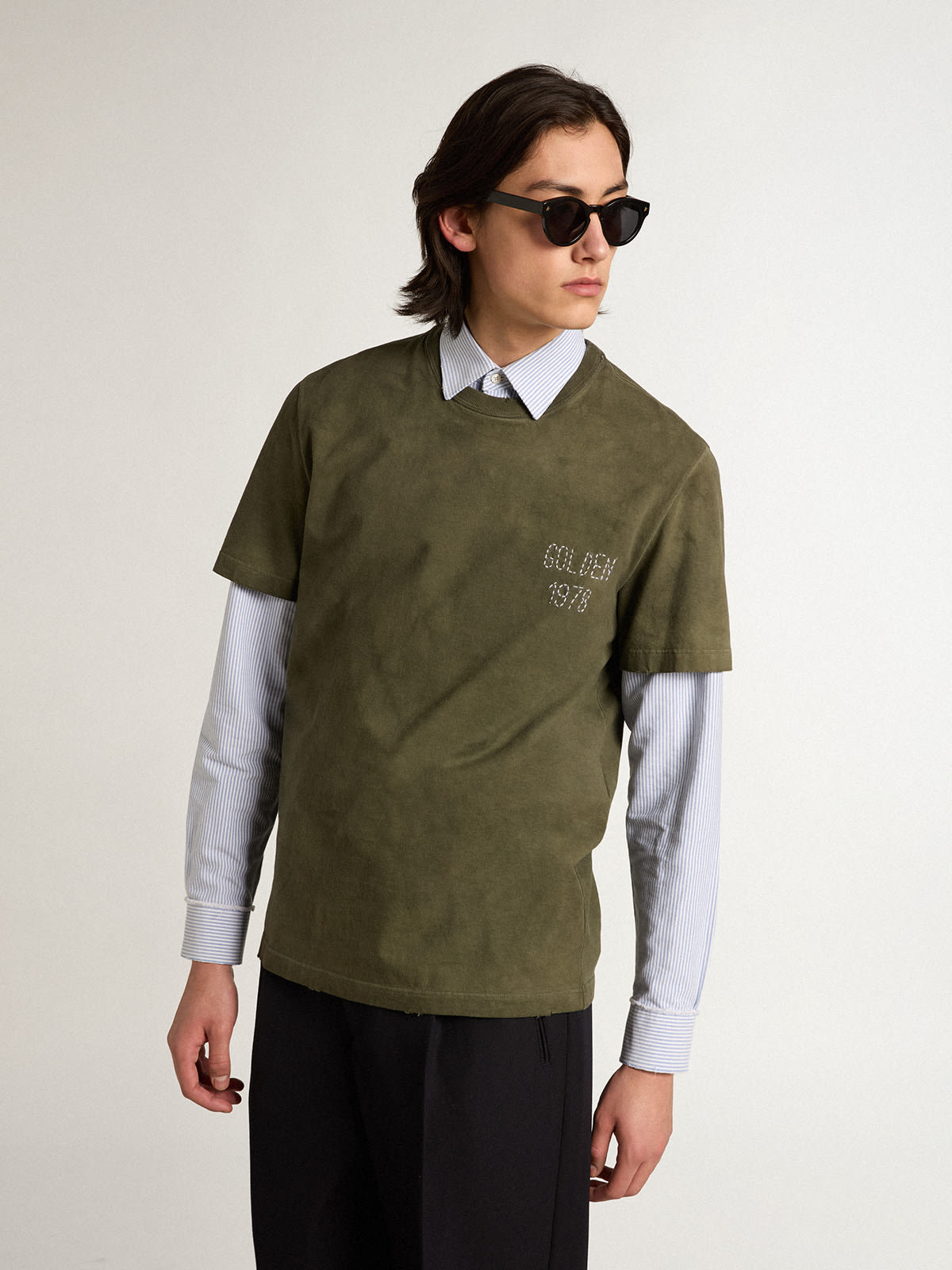 Golden Goose - Beech-colored cotton T-shirt with embroidery on the front in 