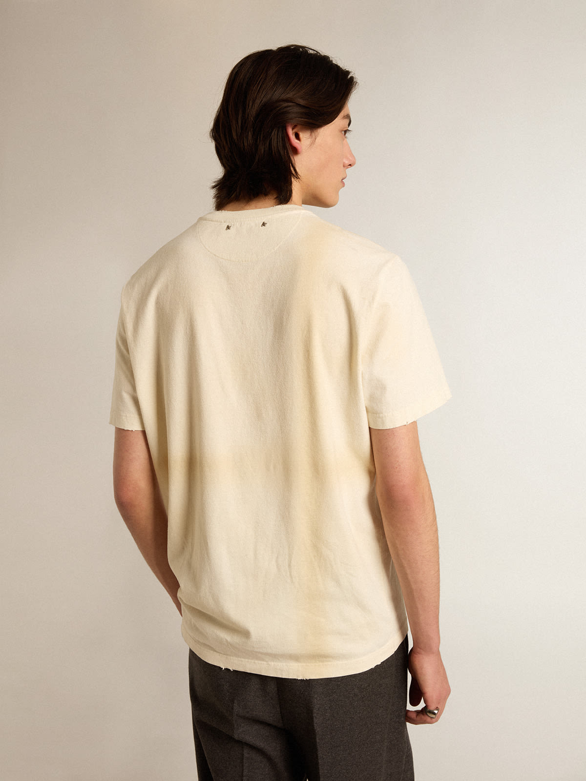 Golden Goose - Aged white cotton T-shirt with lettering on the pocket in 