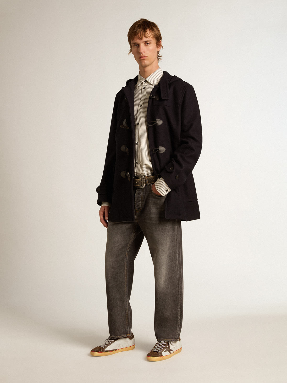 Dark blue wool duffle coat with hood and toggle fastening | Golden Goose