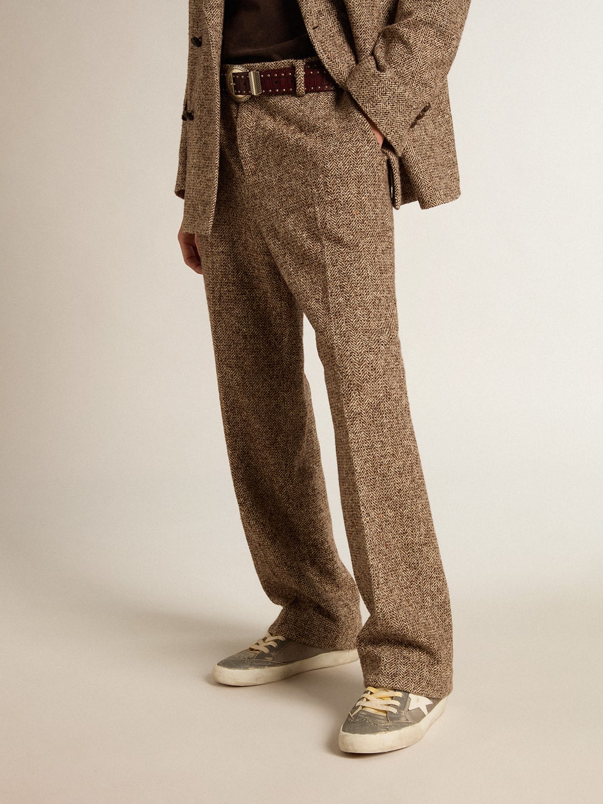 Golden Goose - Pantalone da uomo in misto lana e seta color beige e marrone in 