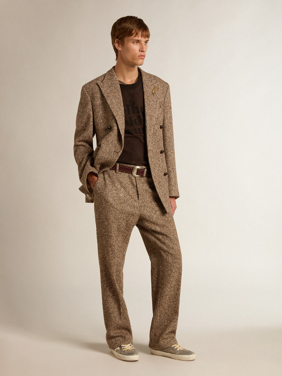 Golden Goose - Men’s pants in beige and brown wool and silk blend fabric in 