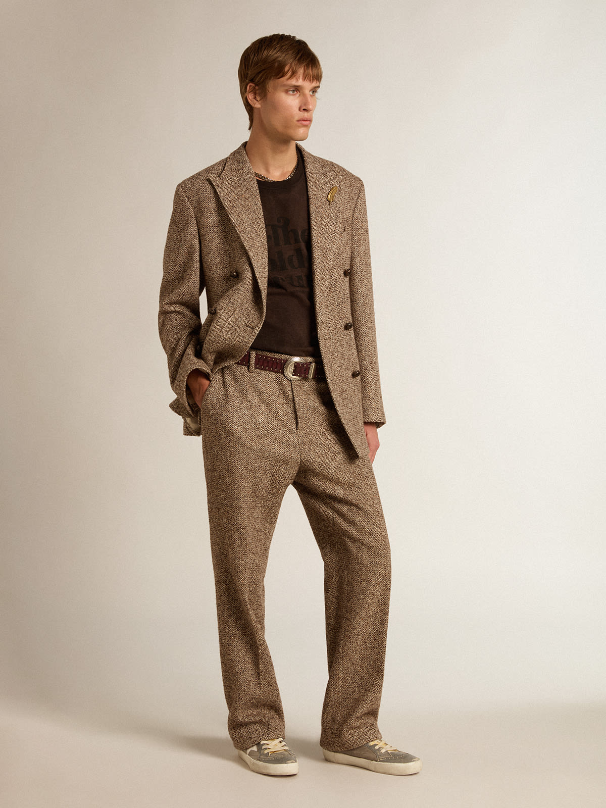 Men’s pants in beige and brown wool and silk blend fabric