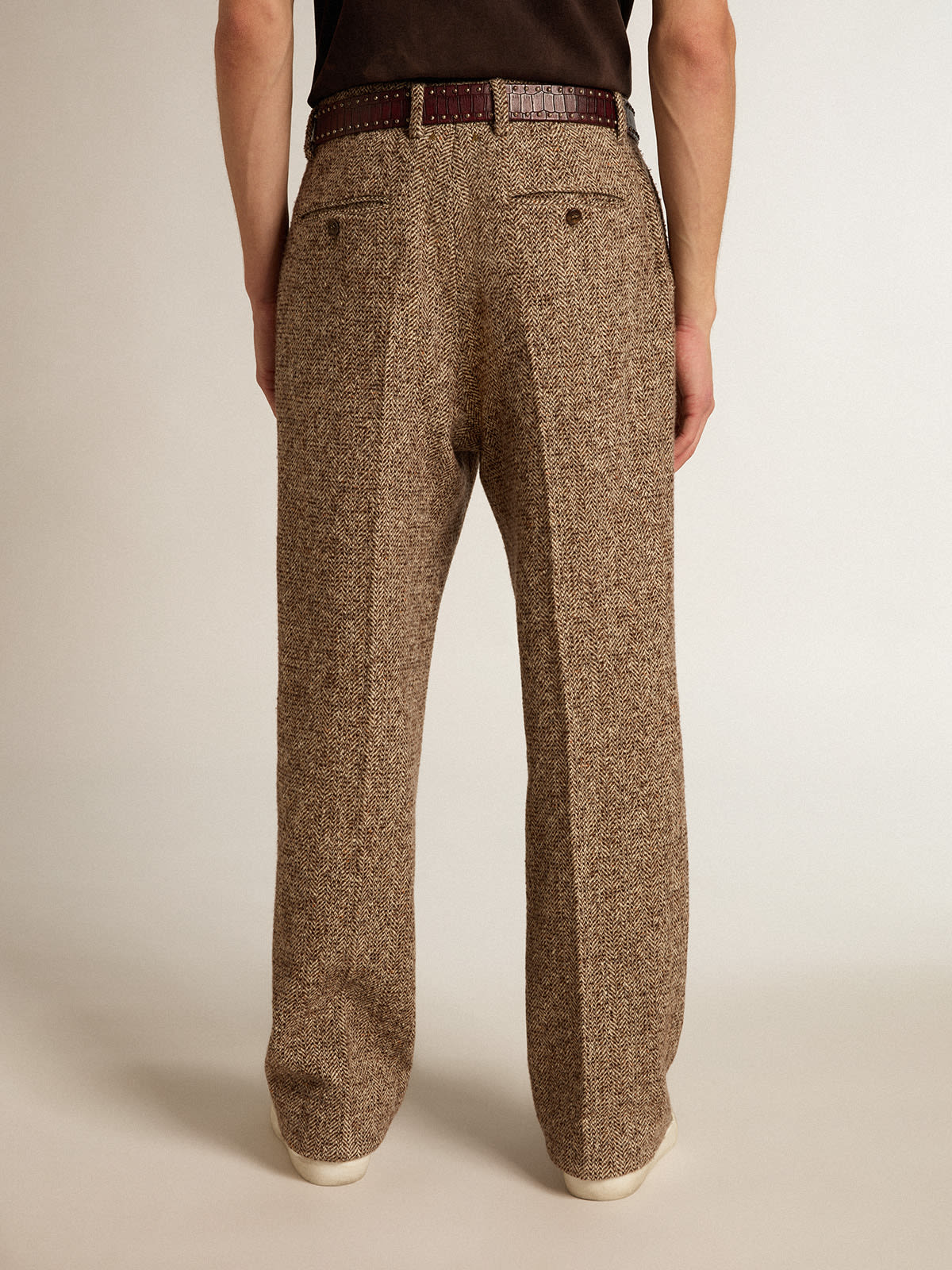 Men’s pants in beige and brown wool and silk blend fabric