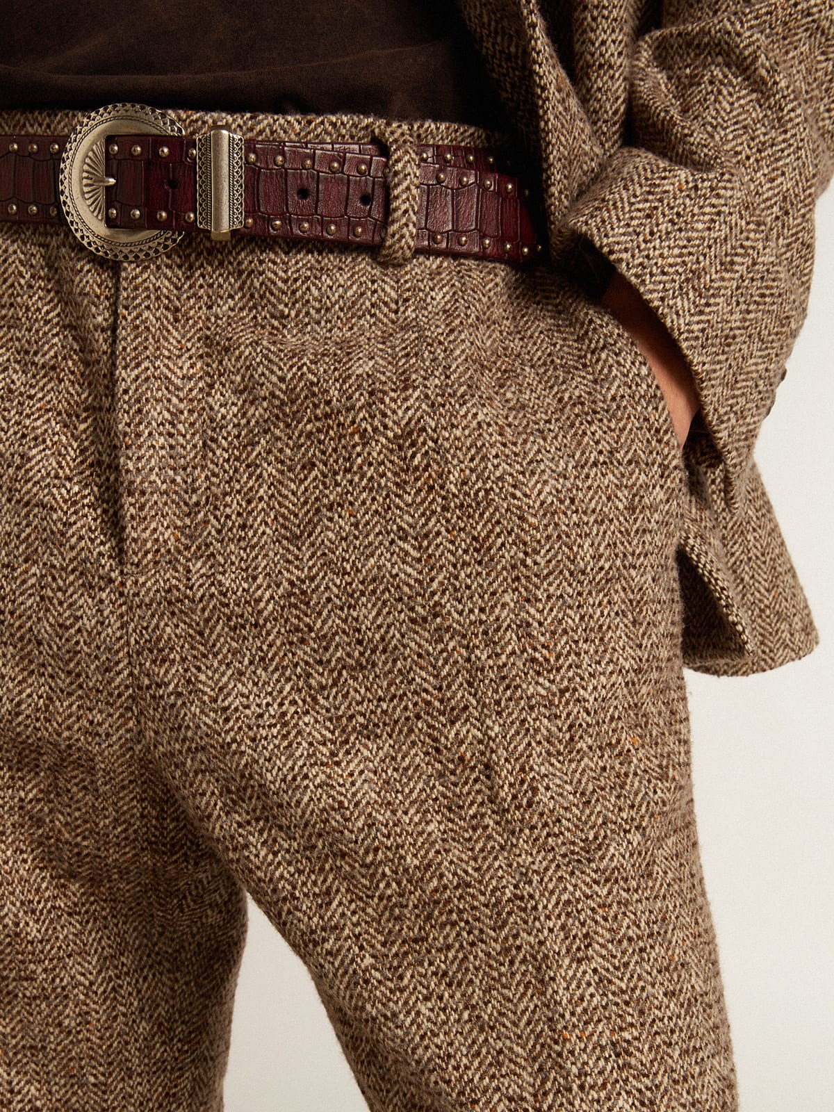 Men’s pants in beige and brown wool and silk blend fabric