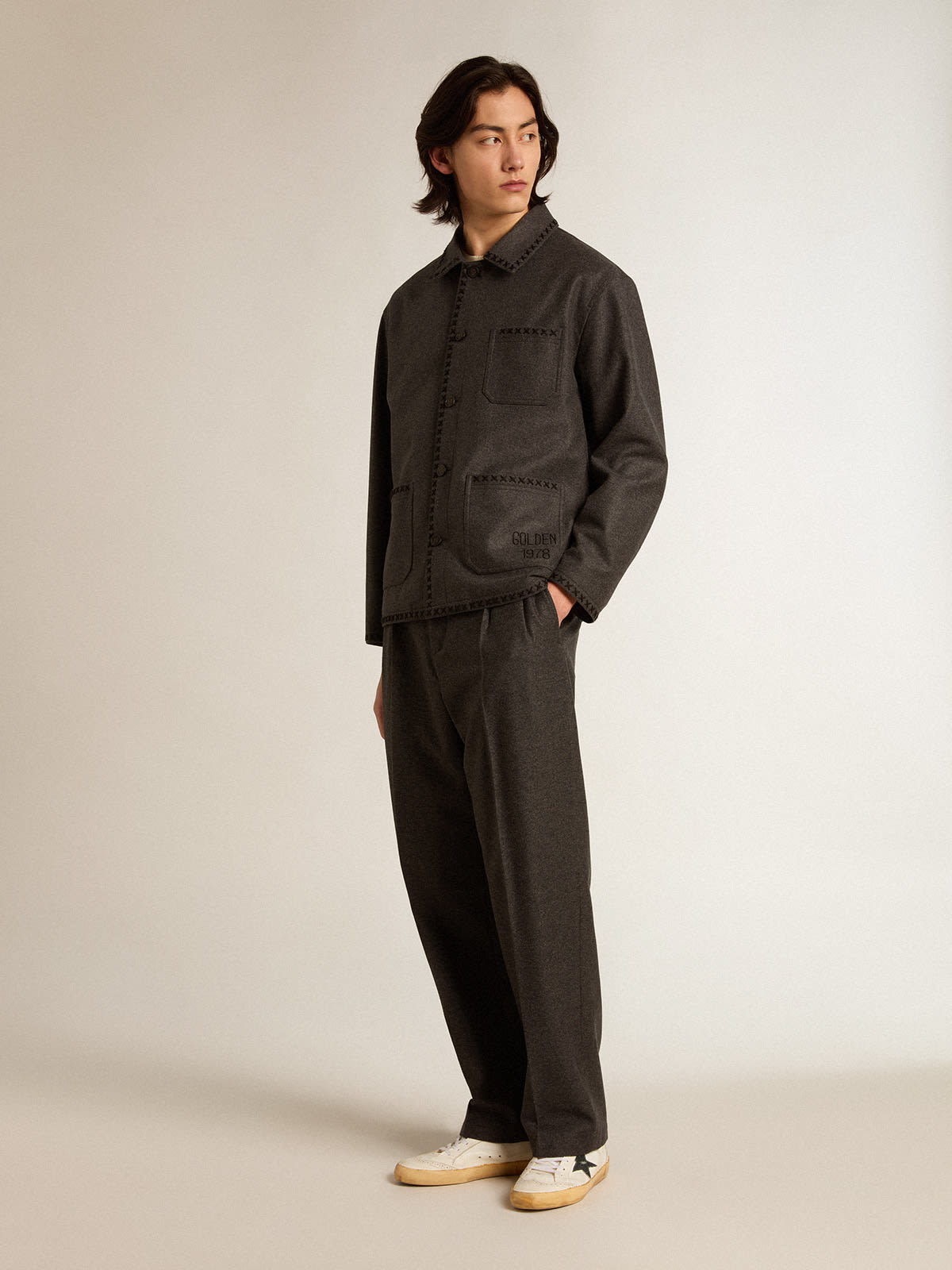 Golden Goose - Pantalone in lana di flanella di colore grigio scuro in 