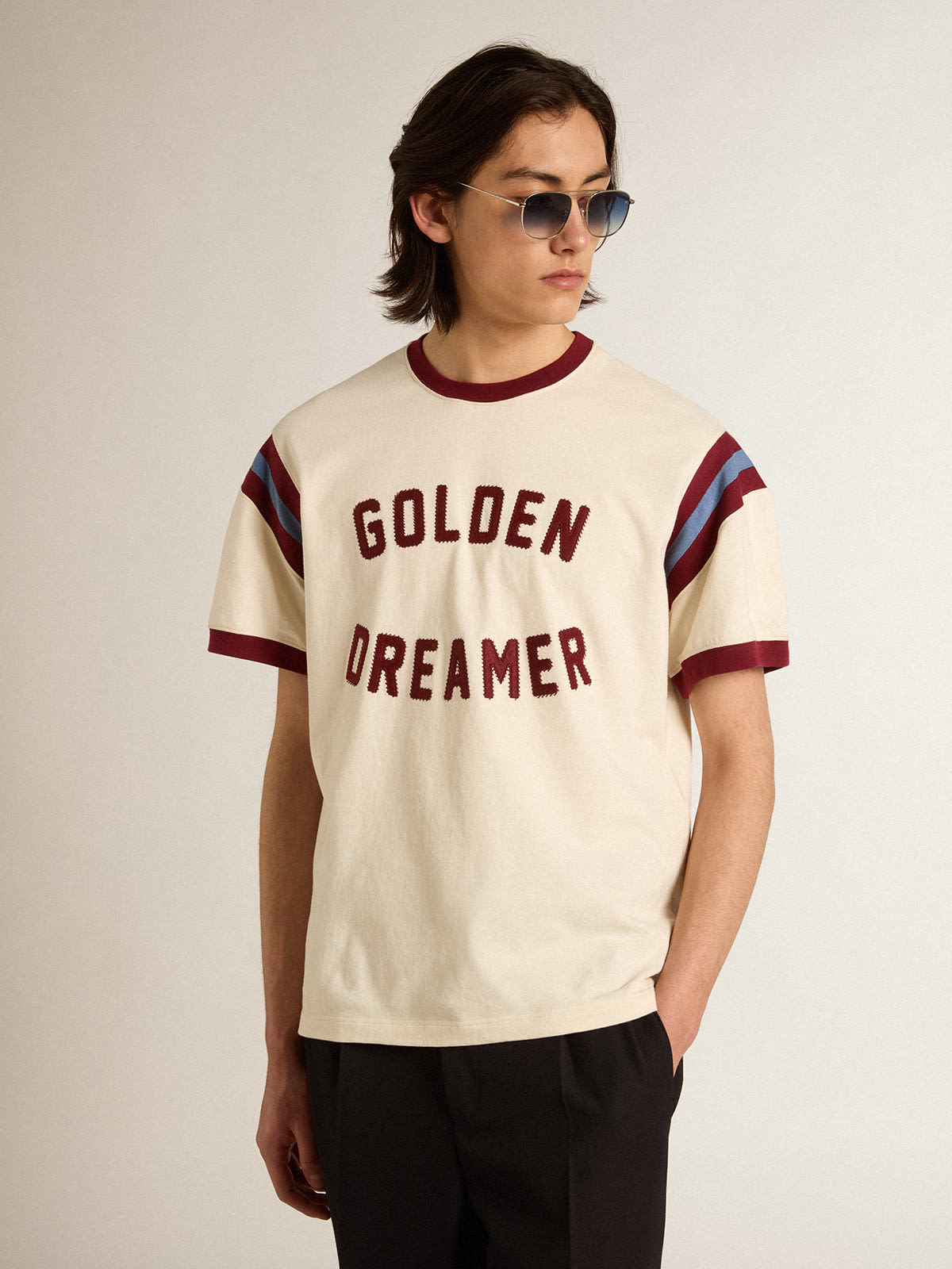 Tシャツ（ホワイト） メンズ フロントレタリング（ボルドー） Golden Goose