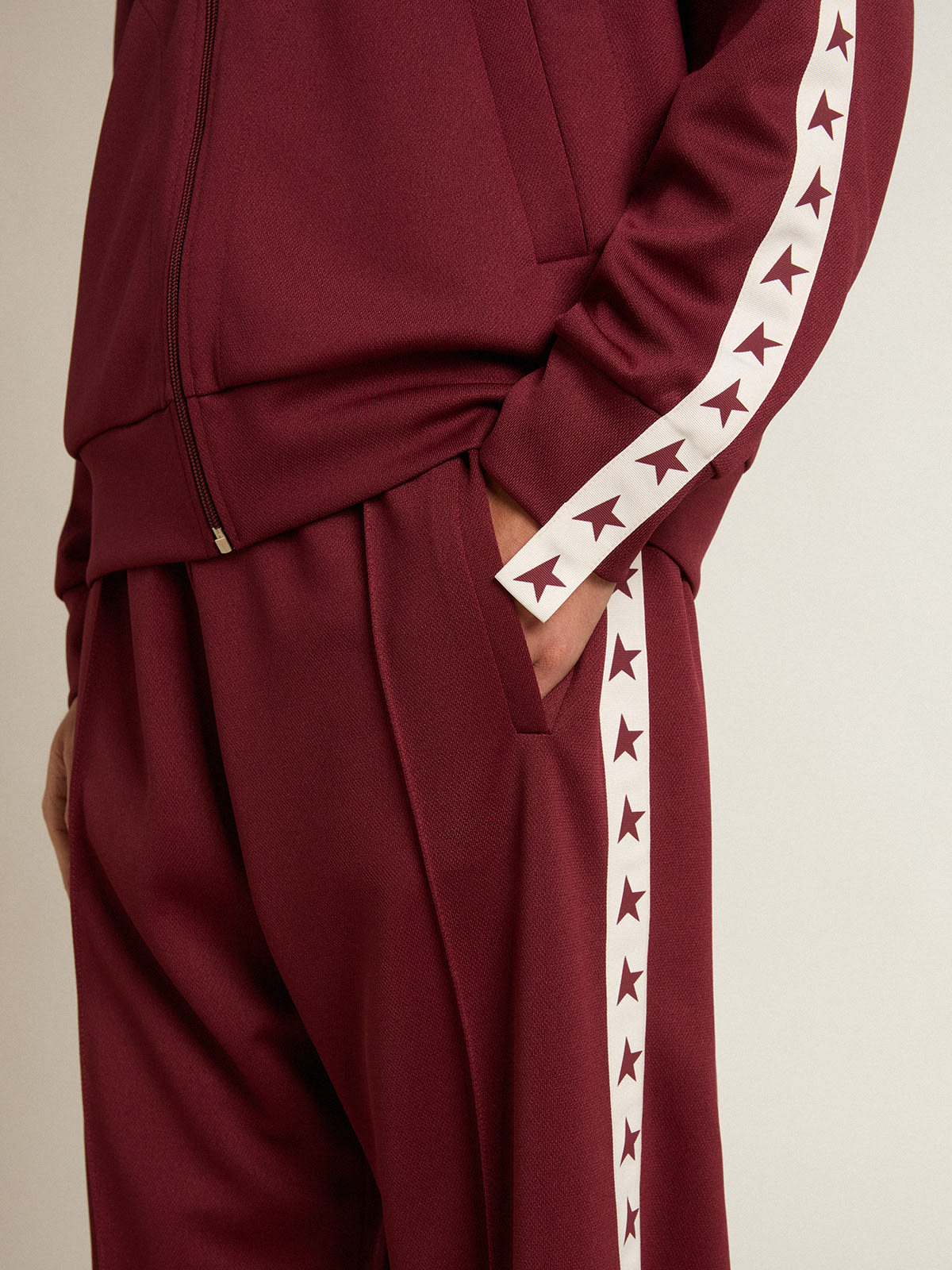 Golden Goose - Men’s burgundy zipped sweatshirt with white strip and contrasting stars in 