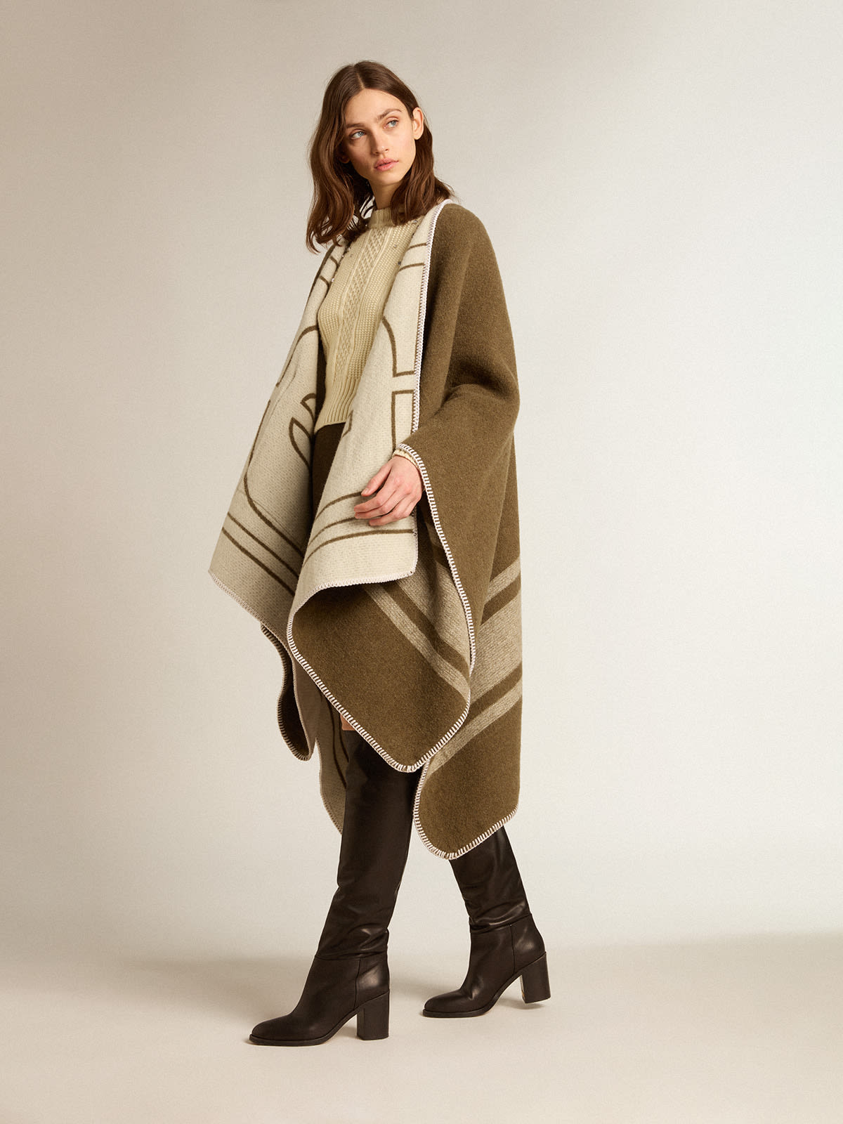 Golden Goose - Double-sided cape in military-green wool blend in 