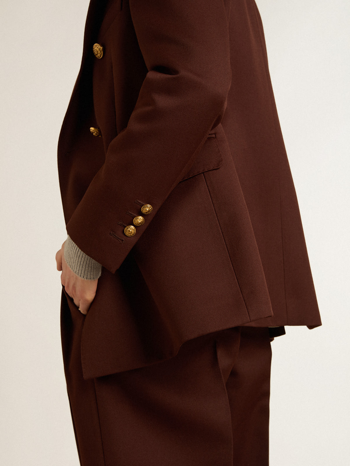 Women's double-breasted blazer in coffee-colored wool gabardine