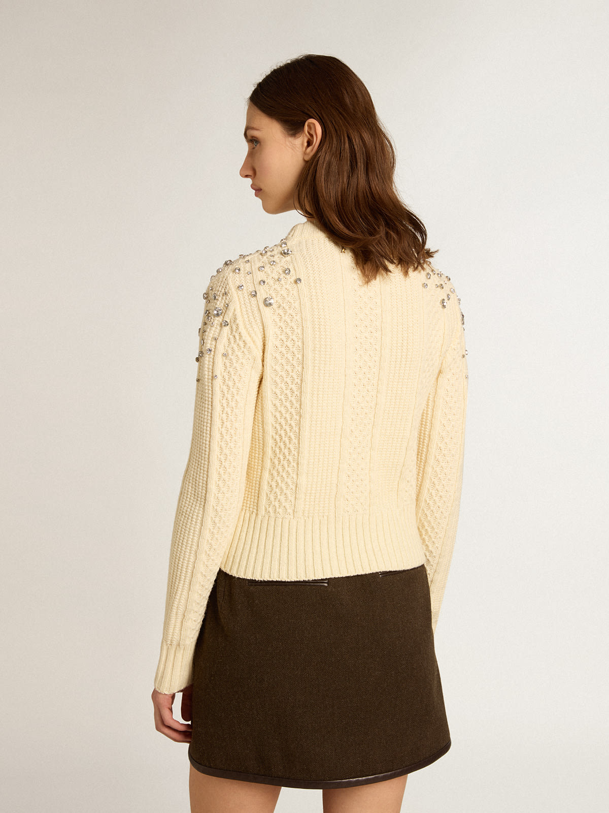 Golden Goose - Cropped sweater in white wool with crystals  in 