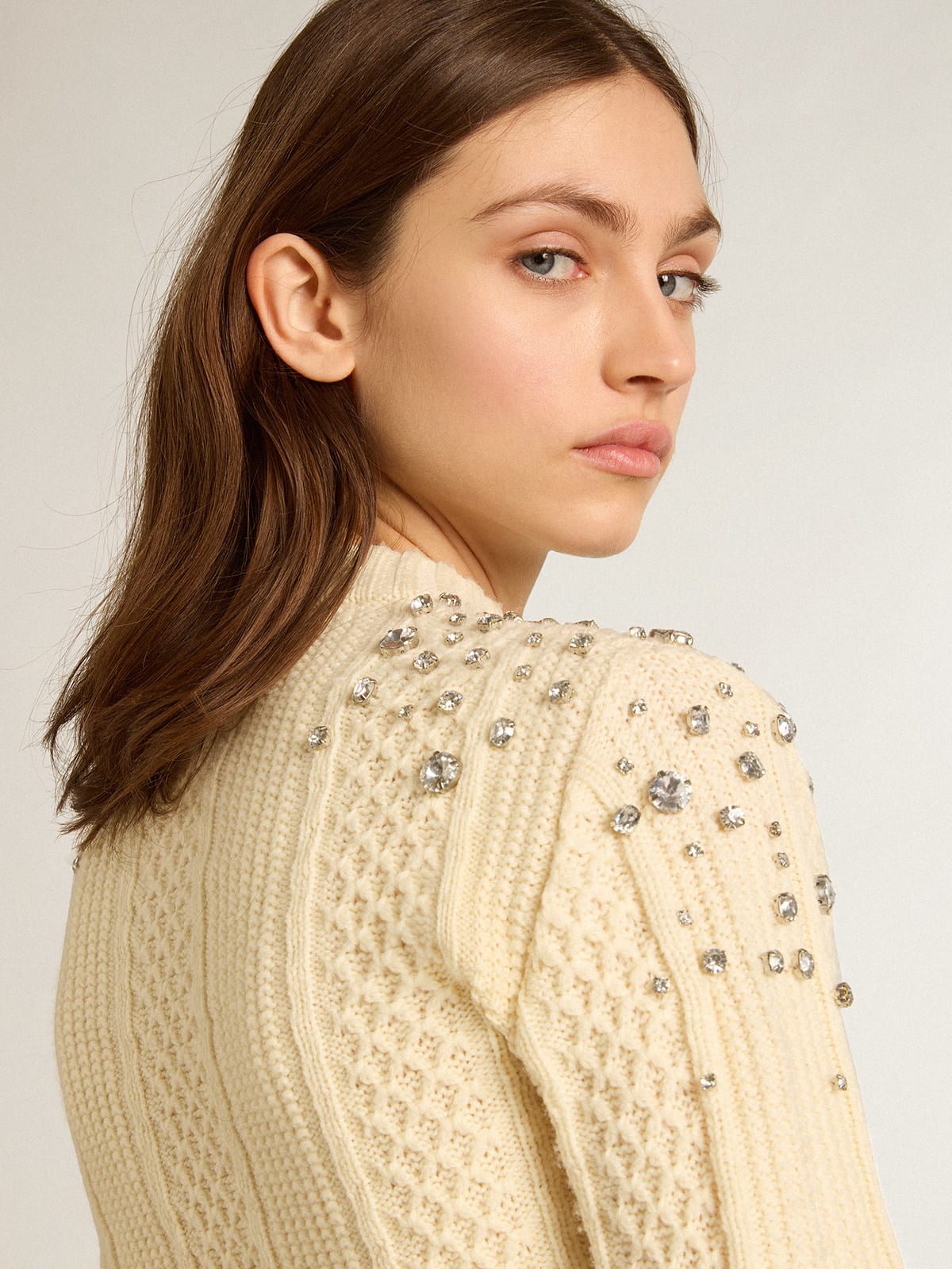 Golden Goose - Cropped sweater in white wool with crystals  in 