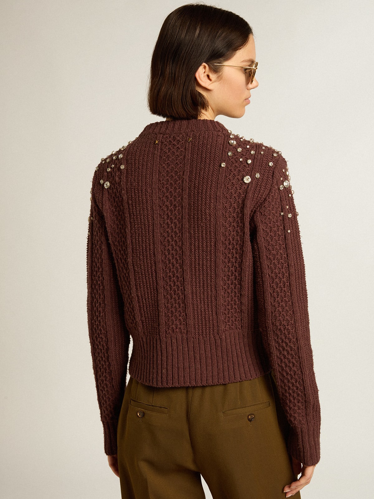 Golden Goose - Cropped sweater in burgundy wool with crystals  in 