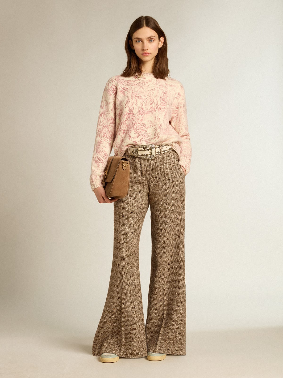 Women’s pants in beige and brown wool and silk blend fabric