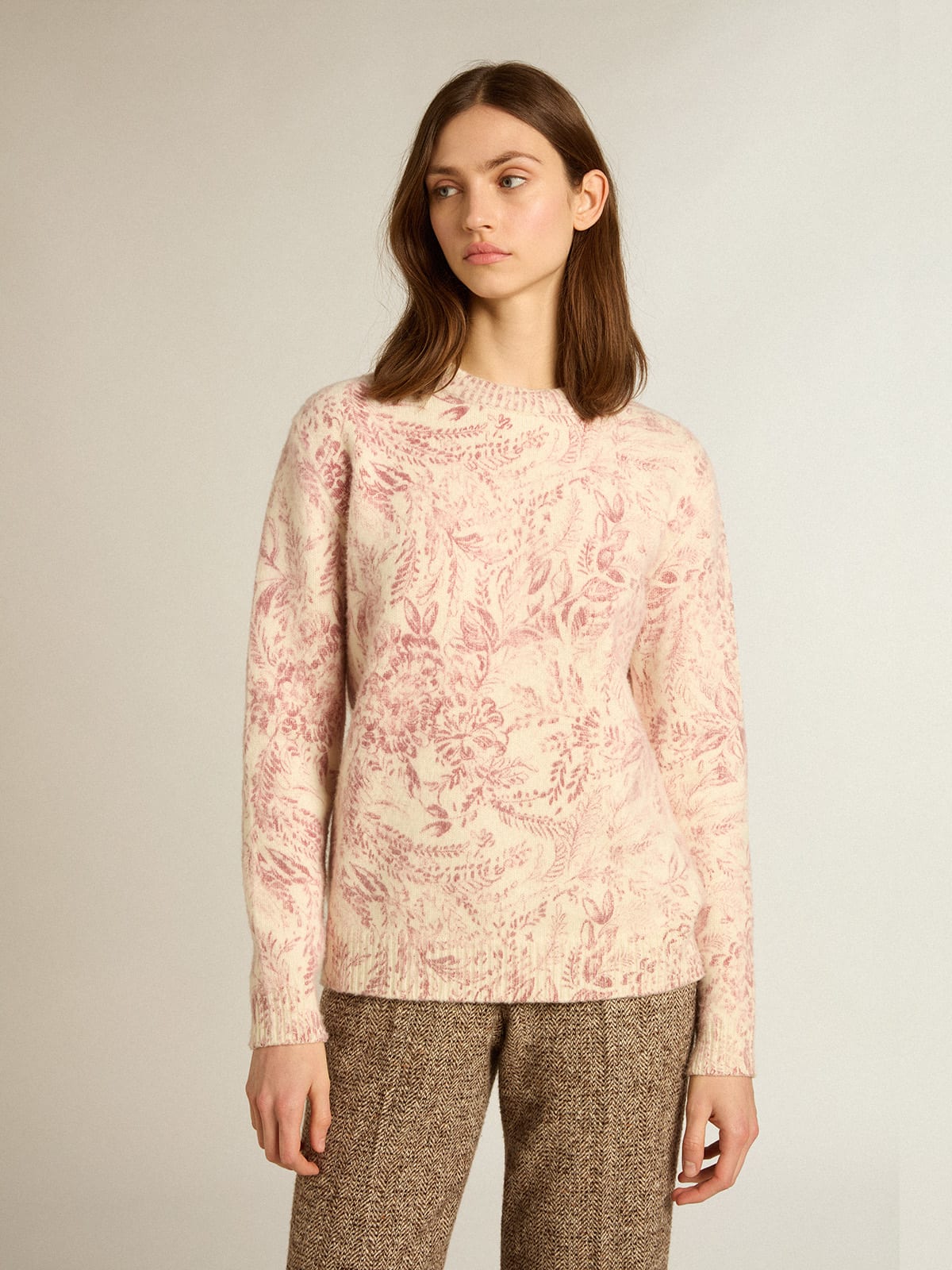 Women s round neck sweater in wool with all over toile de jouy