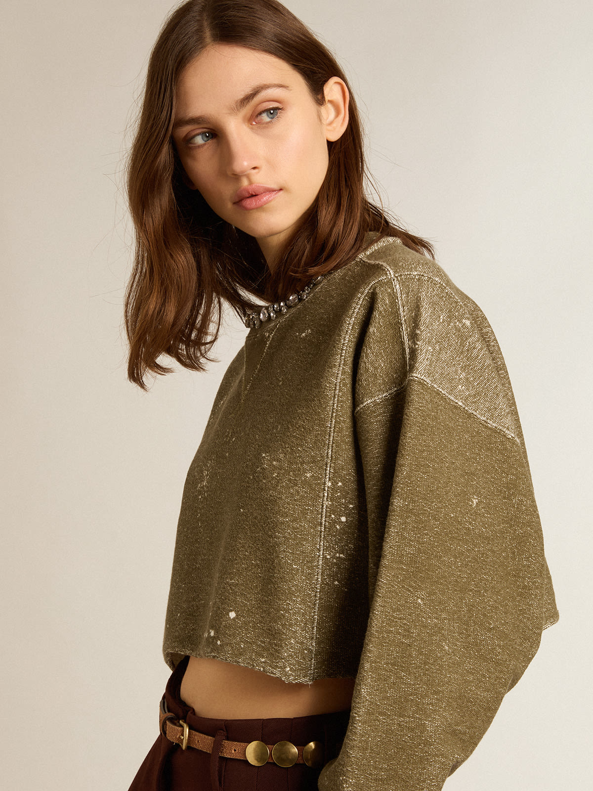 Vintage-effect beech-colored cotton cropped sweatshirt