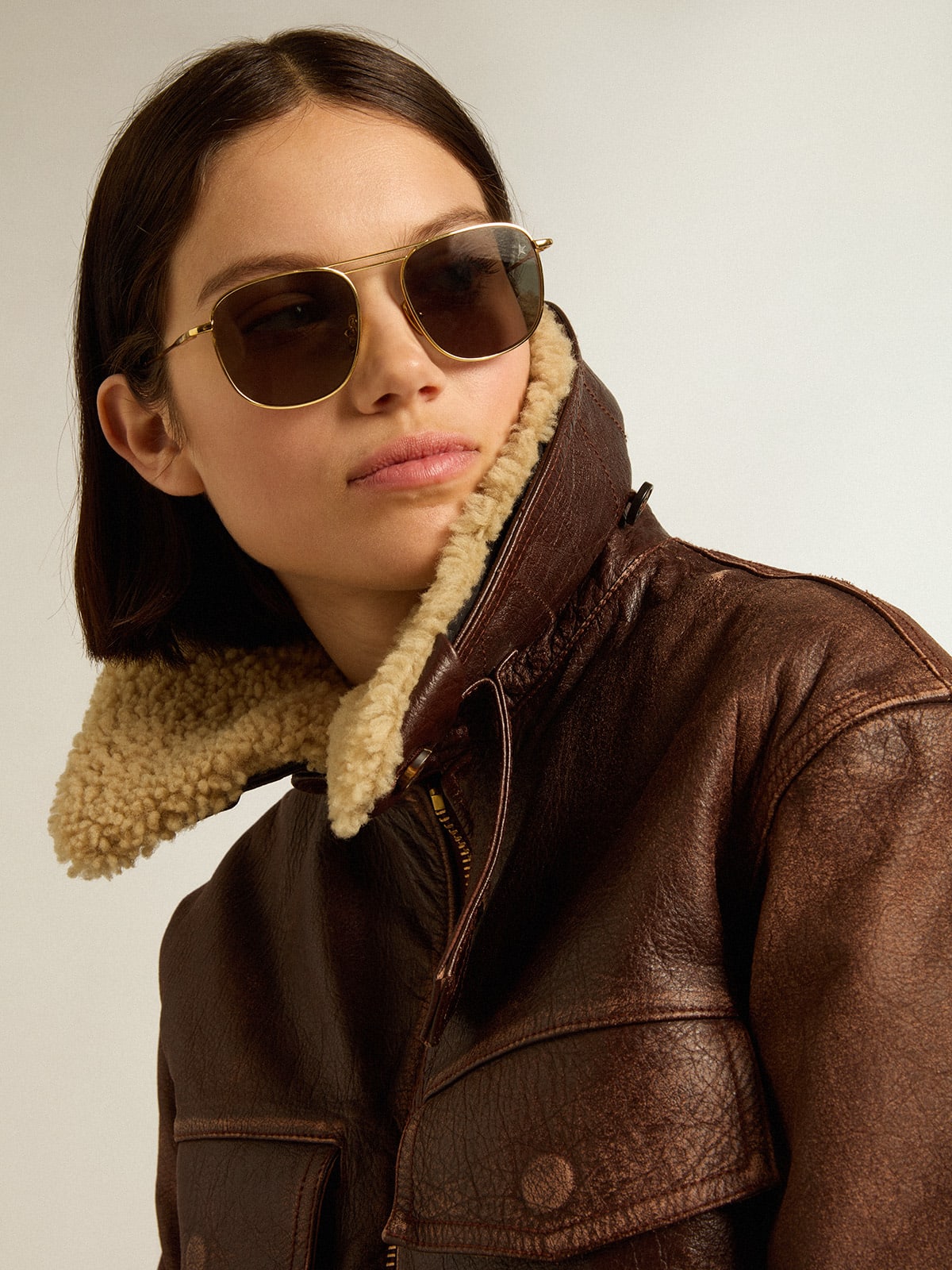 Golden Goose - Wood-colored jacket with detachable shearling collar in 