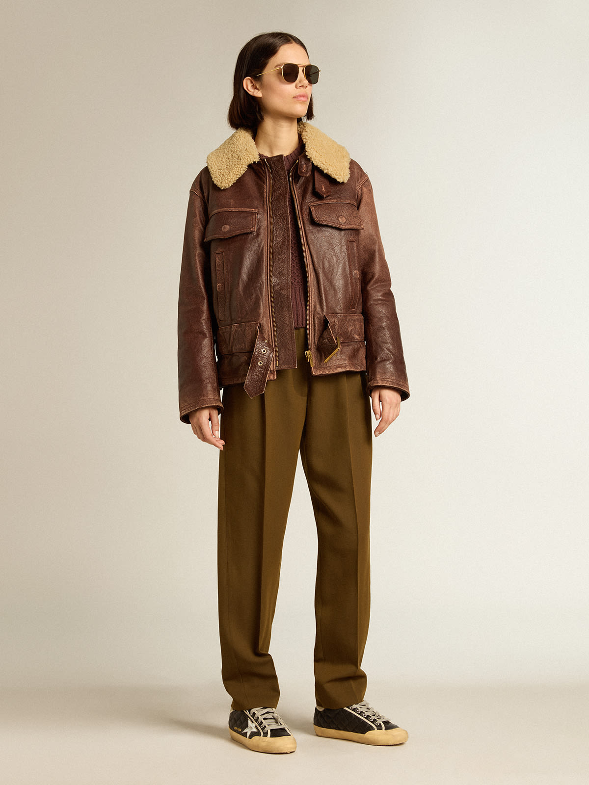 Golden Goose - Wood-colored jacket with detachable shearling collar in 