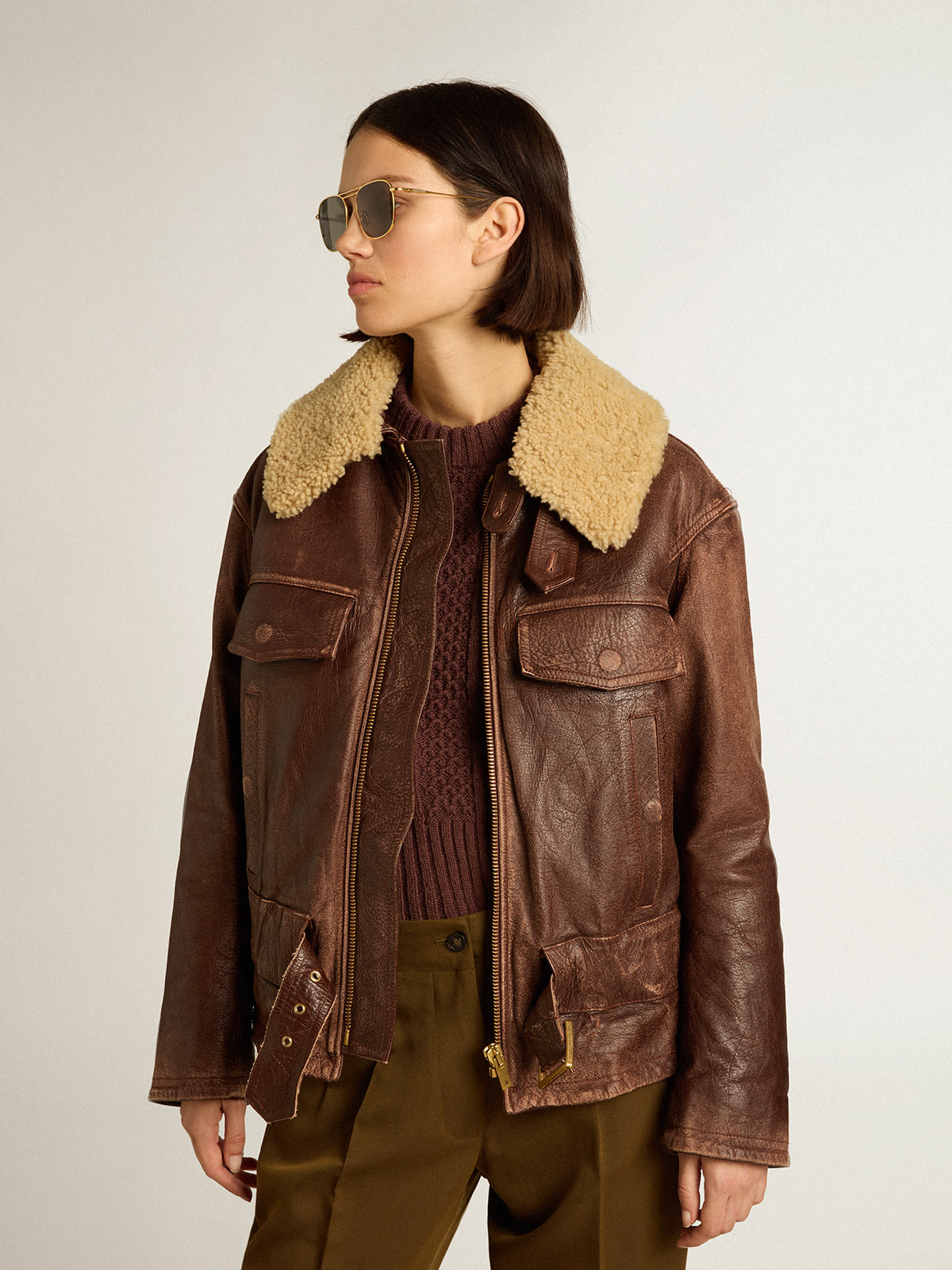 Golden Goose - Wood-colored jacket with detachable shearling collar in 