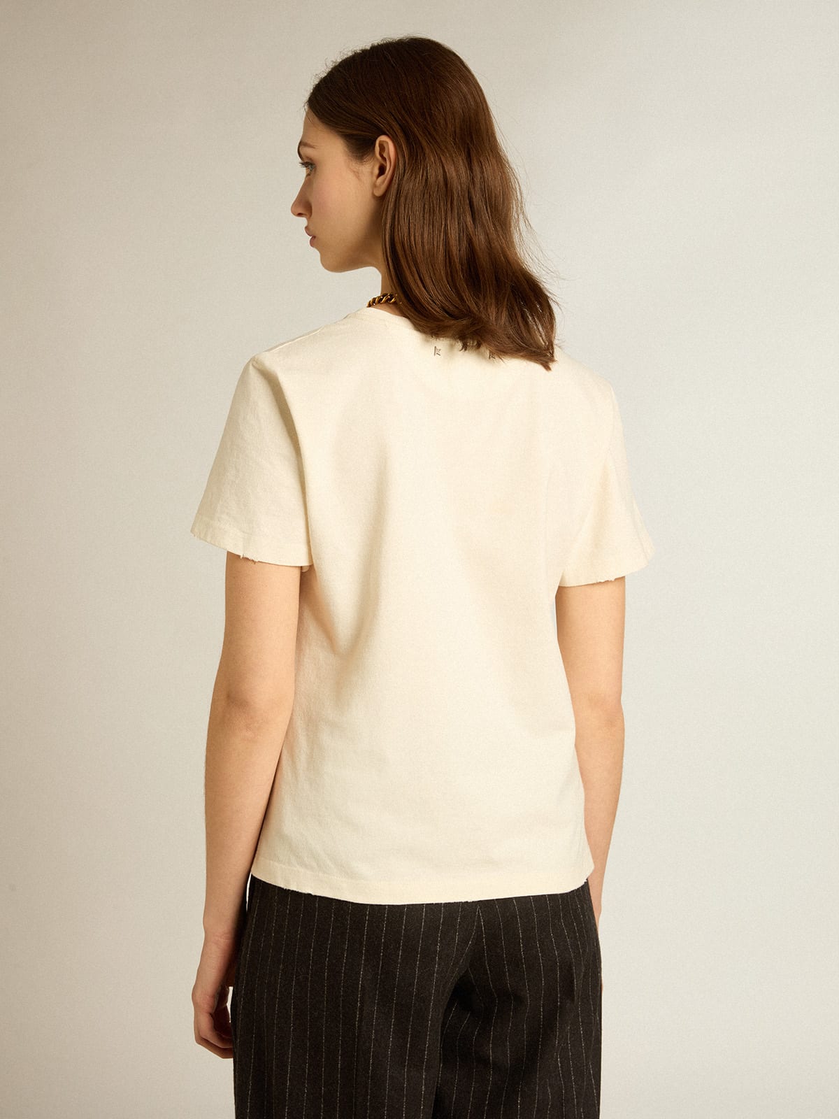 Golden Goose - Aged white cotton T-shirt with print on the front in 