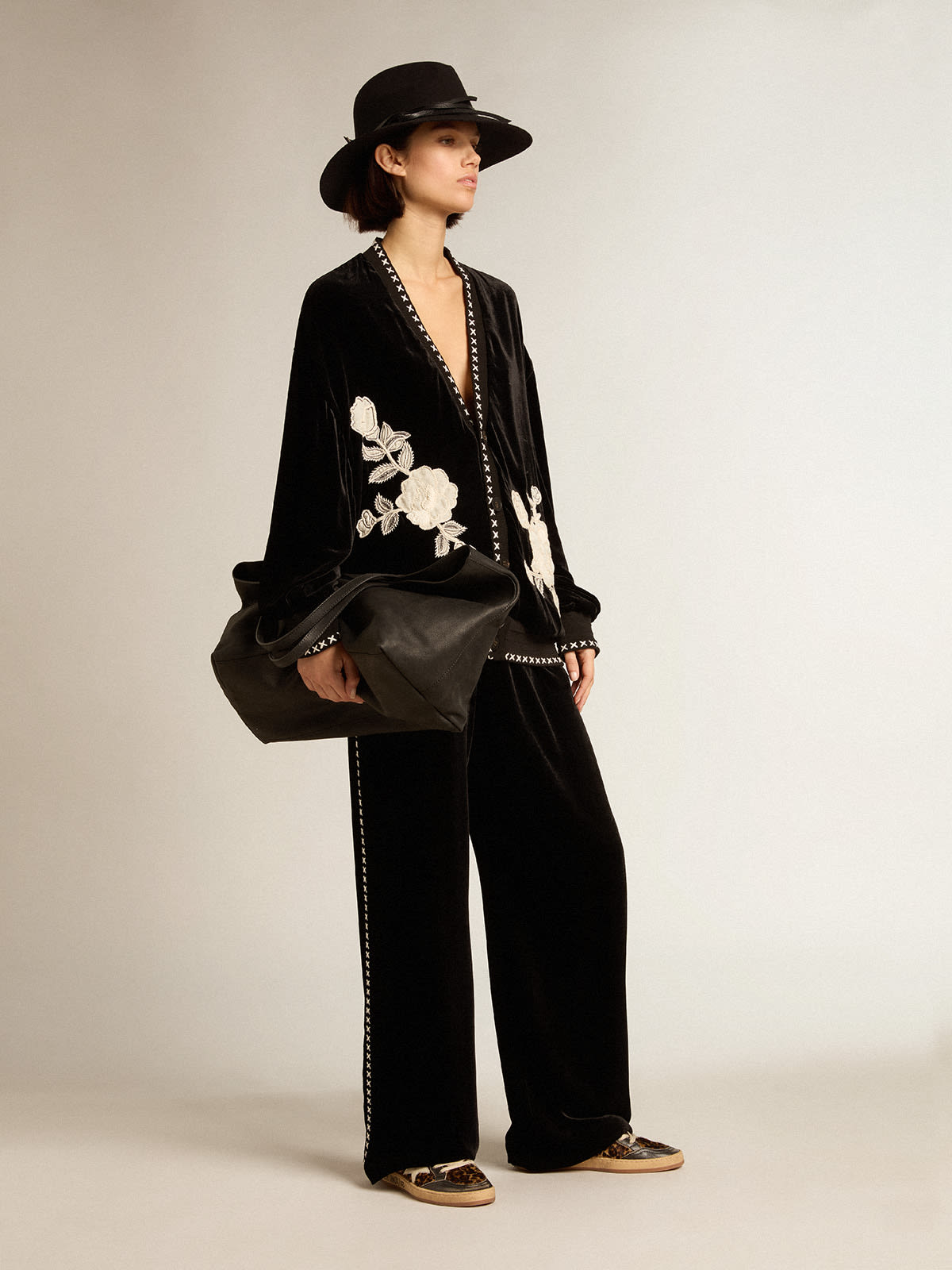 Golden Goose - Black velvet jacket with floral embroidery on the front in 