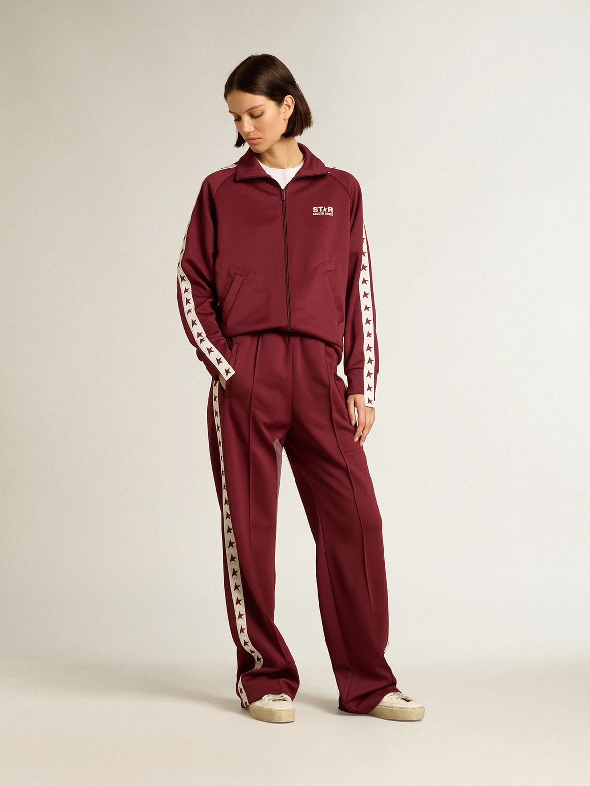 Golden Goose - Women’s burgundy zipped sweatshirt with white strip and contrasting stars in 