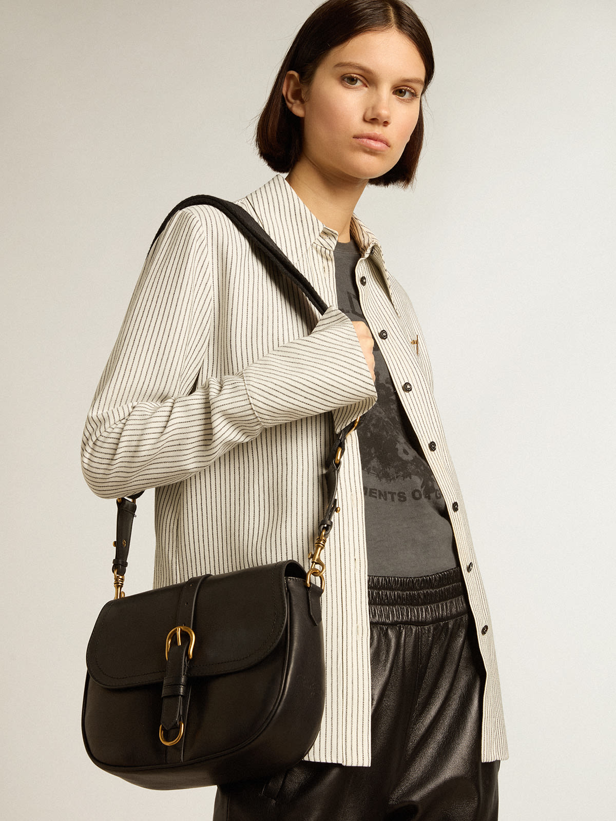 Medium Sally Bag in black leather with buckle and shoulder strap