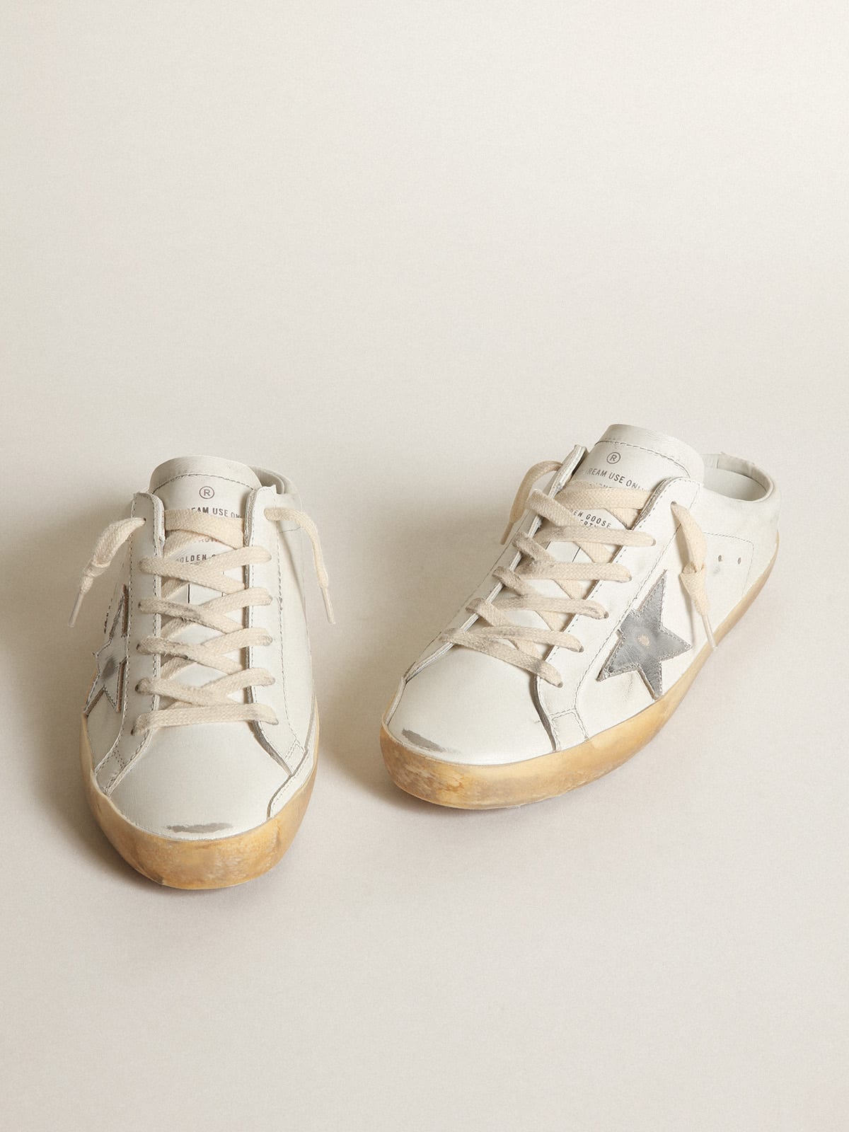 Golden Goose - Super-Star Sabots in white leather with silver metallic leather star in 