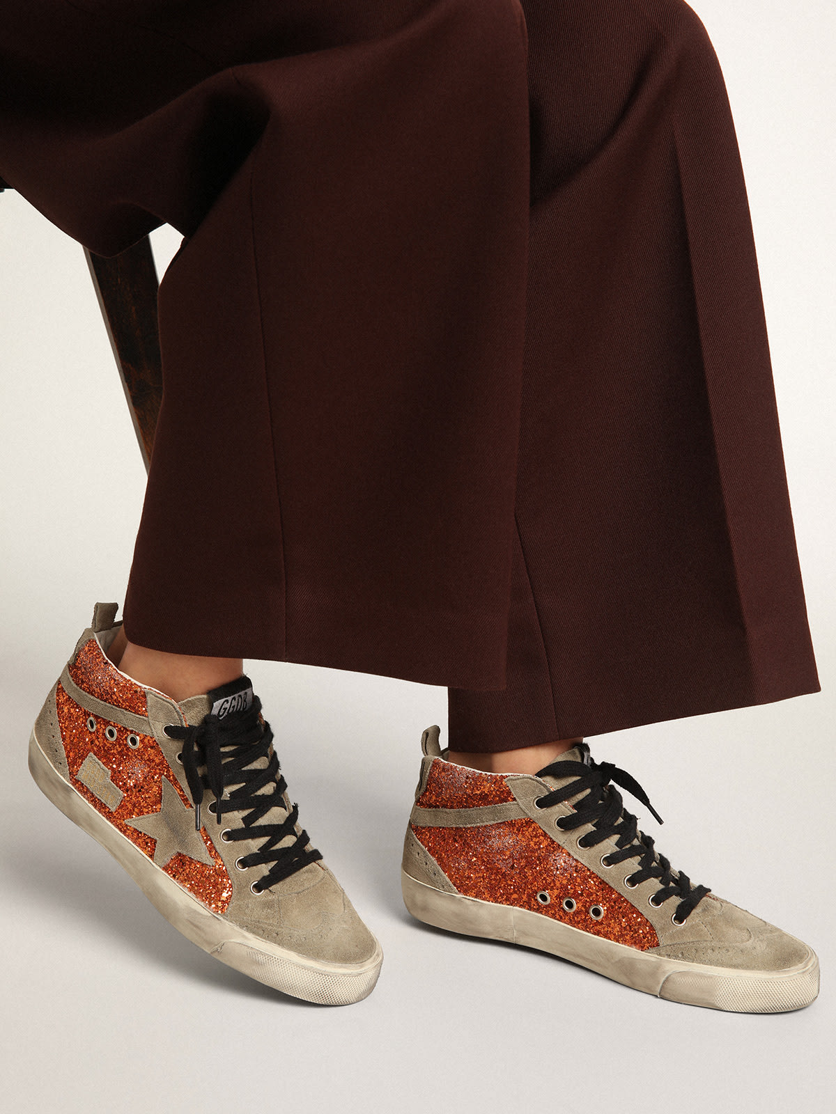 Golden Goose - Mid Star in cinnamon glitter with ice-gray suede star and flash in 
