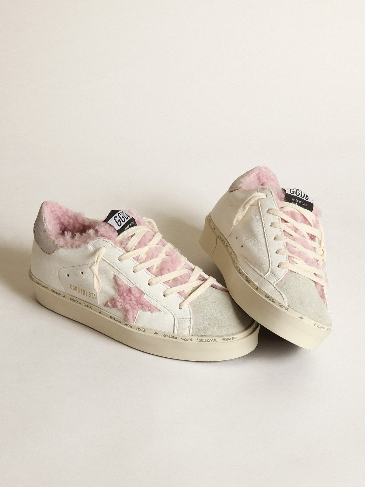 Hi Star in white nappa with pink shearling star and lining