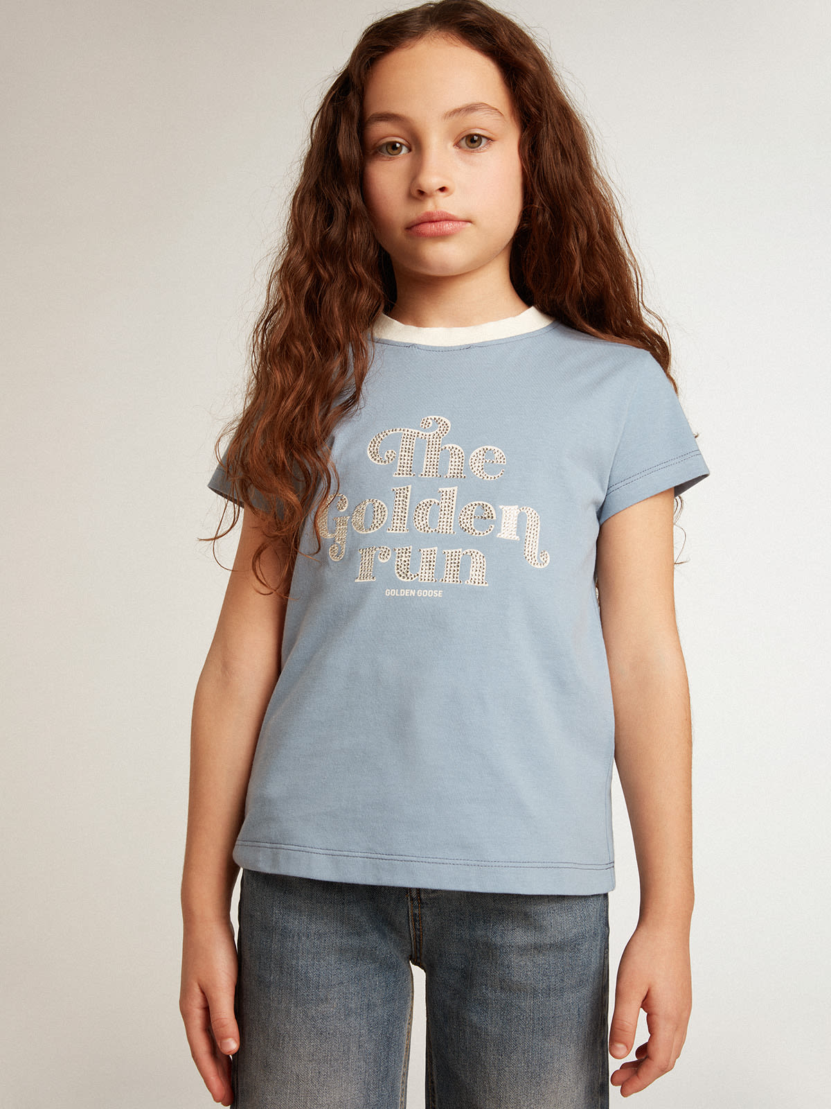 Golden Goose - Girls’ light blue cotton T-shirt with print and crystals in 