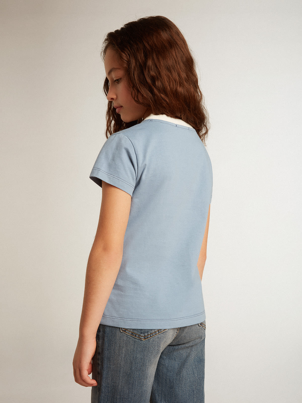 Golden Goose - Girls’ light blue cotton T-shirt with print and crystals in 