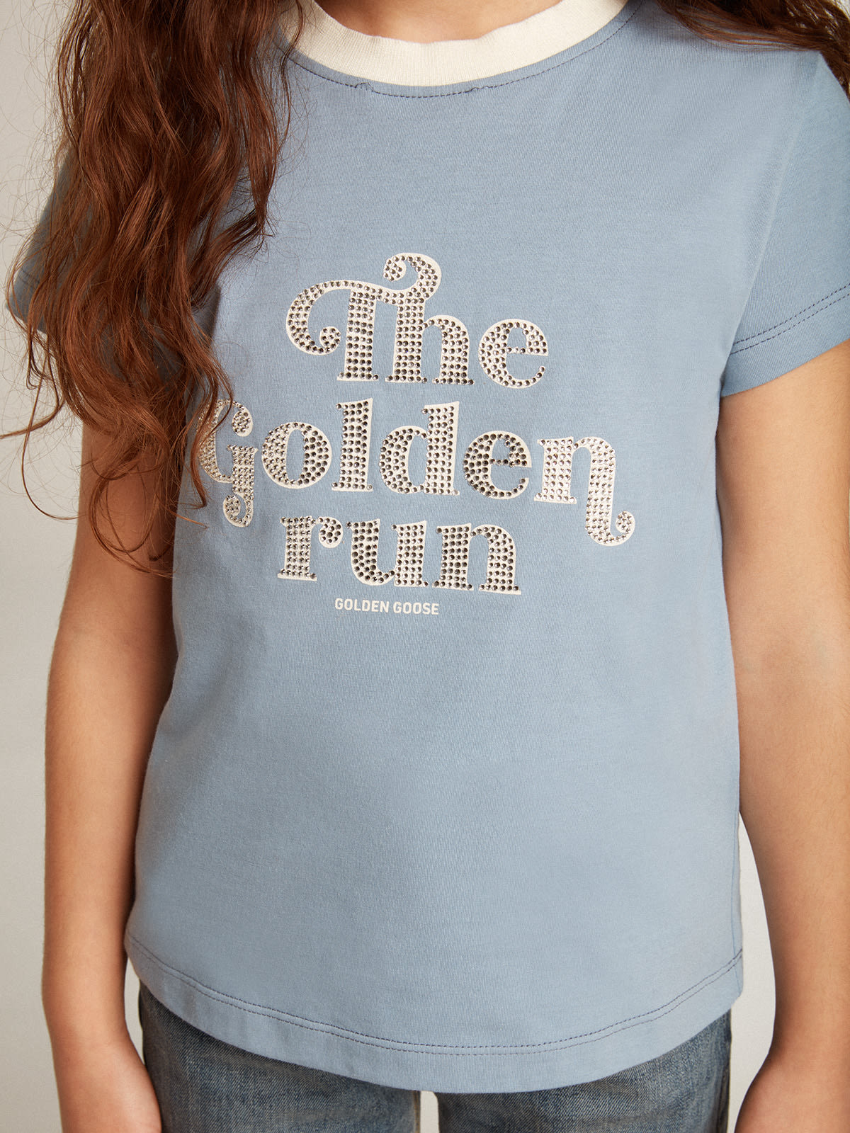 Golden Goose - Girls’ light blue cotton T-shirt with print and crystals in 