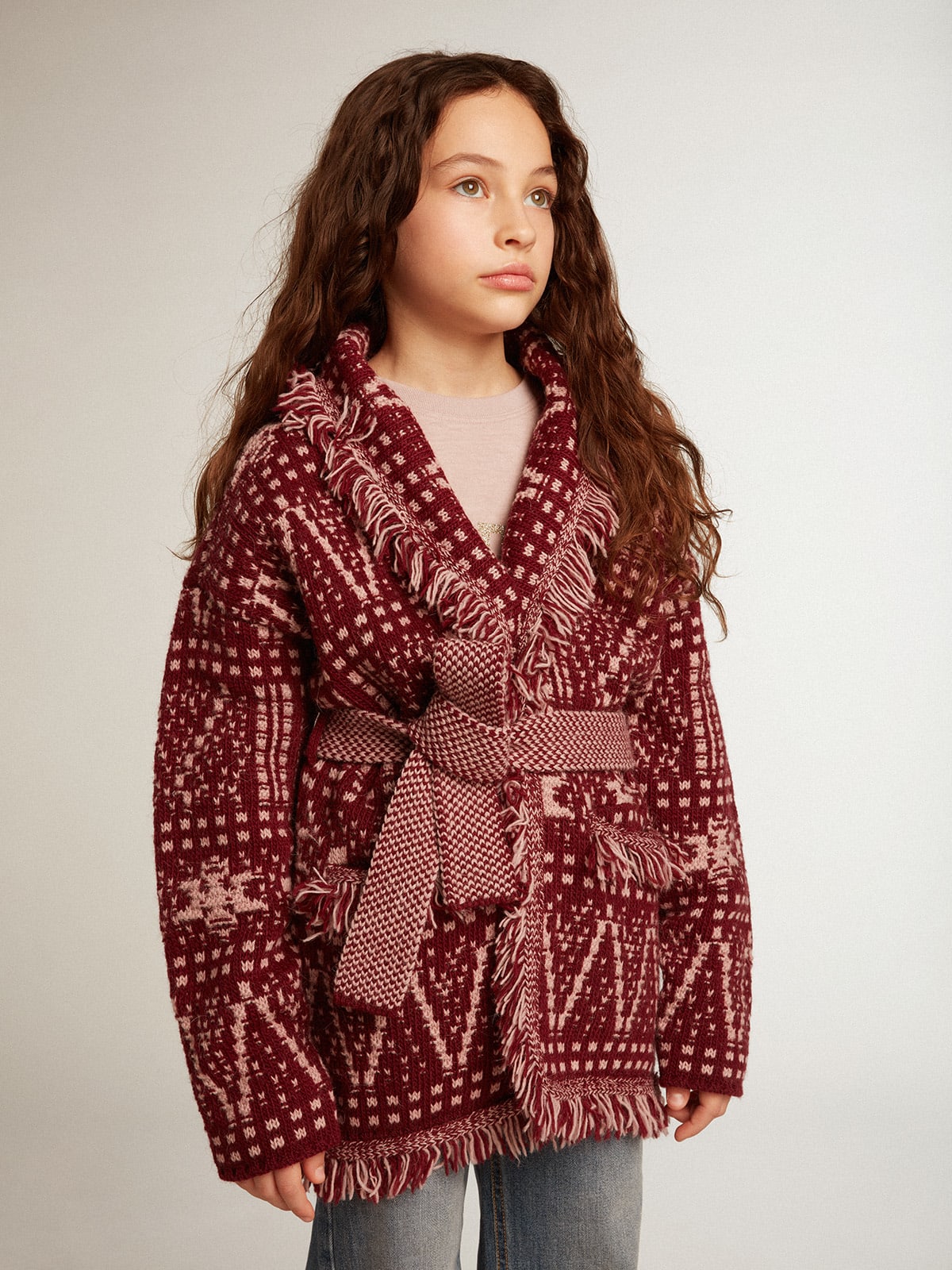 Golden Goose - Girls’ belted cardigan with burgundy Fair Isle motif in 