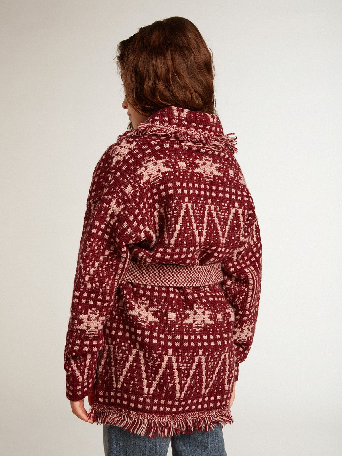 Golden Goose - Girls’ belted cardigan with burgundy Fair Isle motif in 