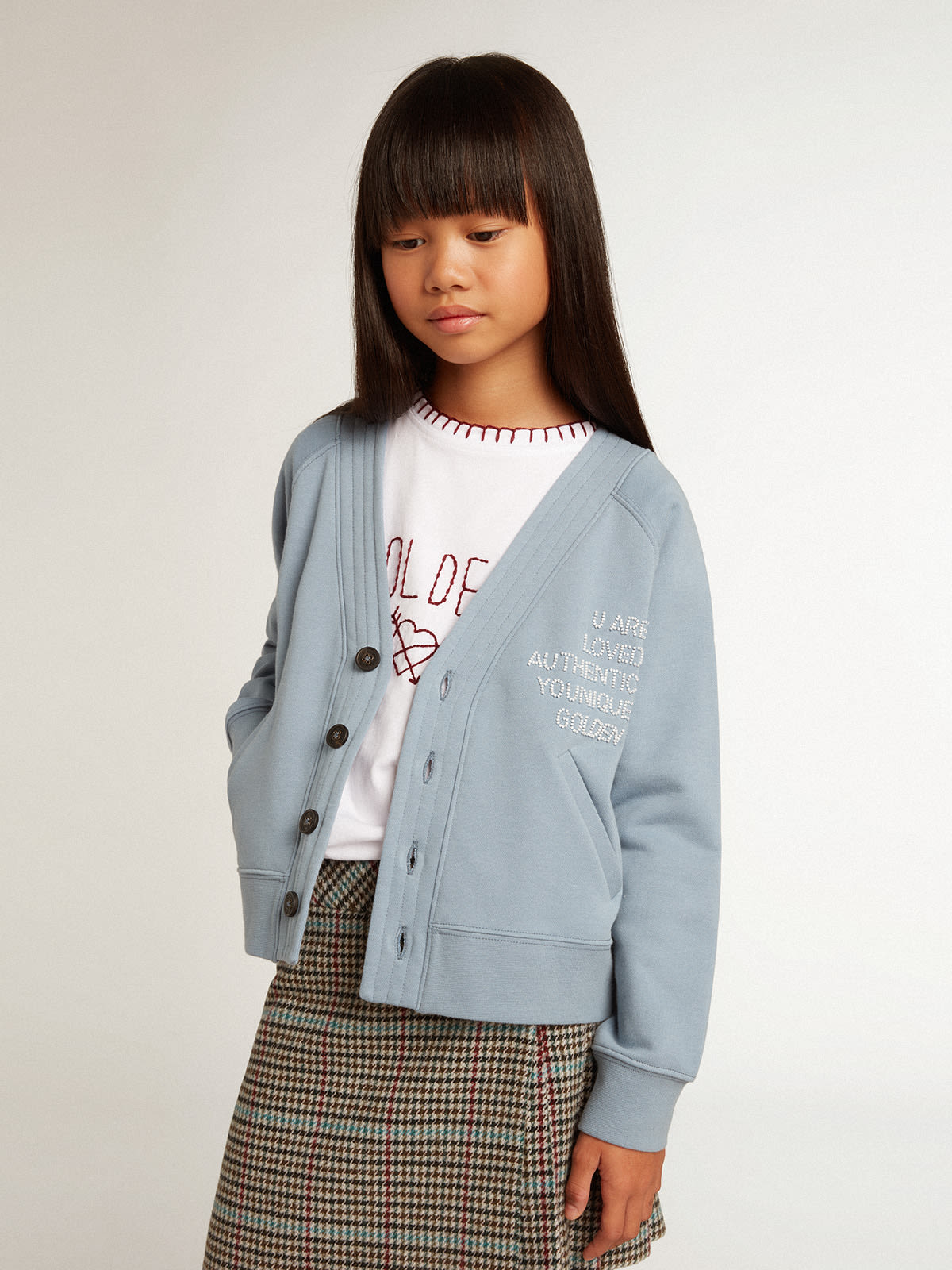 Golden Goose - Girls’ light blue cotton cardigan with beaded lettering in 